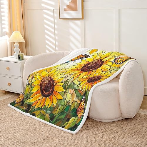 Miniatura 4 de Farmhouse Sunflowers Fleece Flannel Blanket,Wild Flowers Butterfly Bed Sofa Couch Blanket,60"x80",Watercolor Natural Plants Fuzzy Soft Fleece Throw