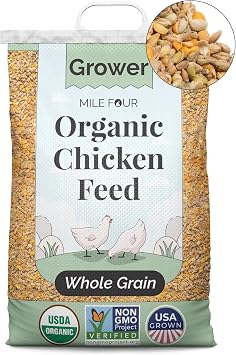 Mile Four Organic Chicken Feed 23 lbs Grower Whole Grain, Non-GMO, USA Grown, 18% Protein, Corn-Free, Soy-Free, Non-Medicated Feed for Chickens