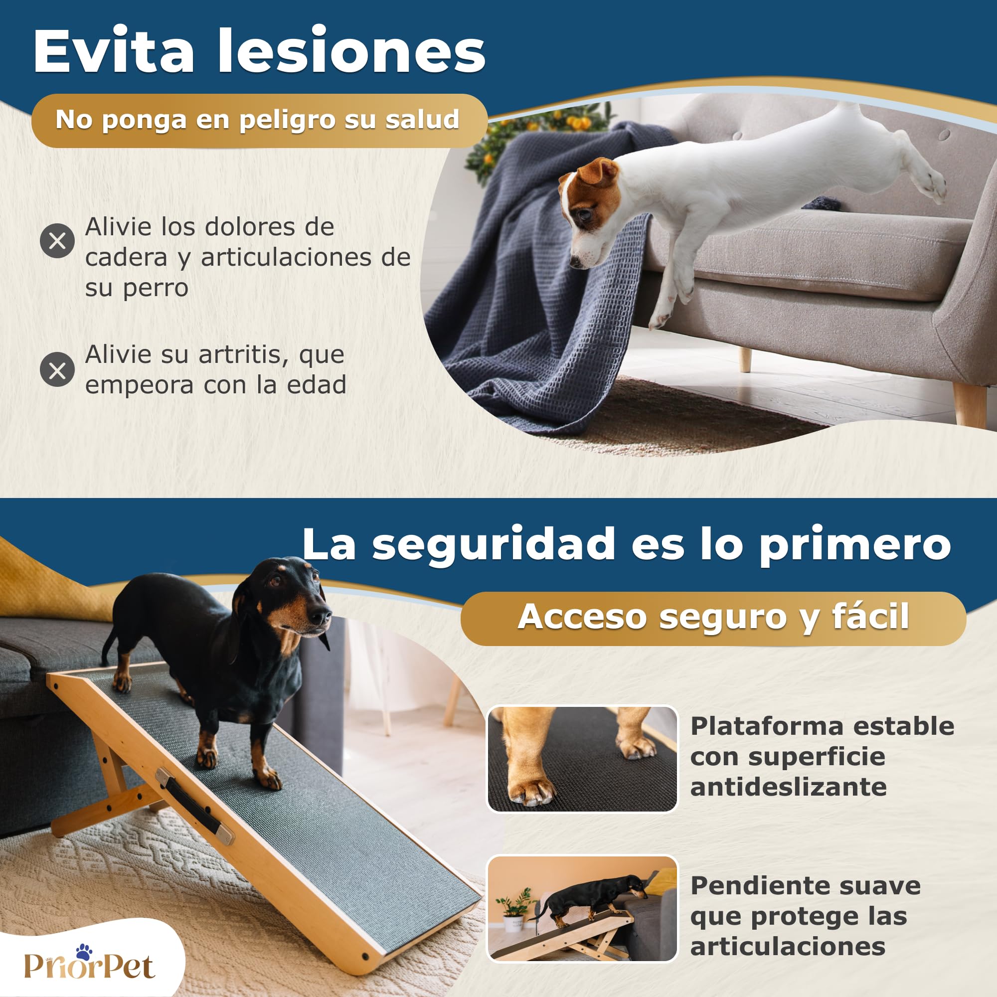Rampa para Perros pequeños o Grandes - Ajustable 18-53 cm - para Cama y sofá - Madera de Abedul - La Plataforma se Conecta Perfectamente - Superficie Antideslizante - Natural