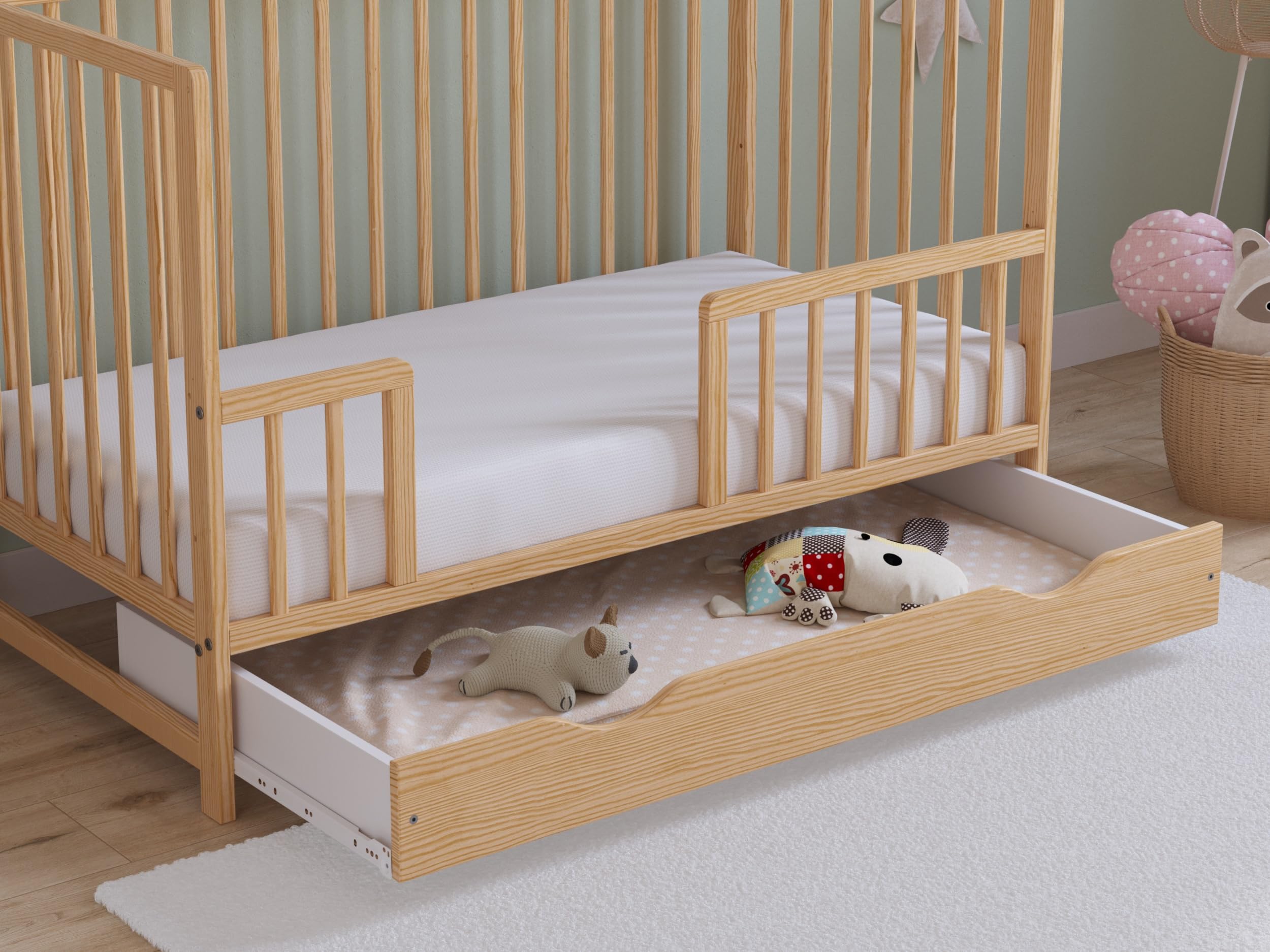 Love For Sleep ASHER Lettino per Neonati 120x60 cm con Materasso in Schiuma di Microfibra Trapuntata – Lettino in Legno Convertibile in Letto per Bambini con Ampio Pino Naturale