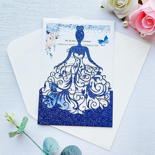 Miniatura 2 de 5.12 x 7.28 pulgadas, 50 piezas de invitaciones de quinceañera personalizadas con purpurina azul real, cortadas con láser, bolsillo hueco de