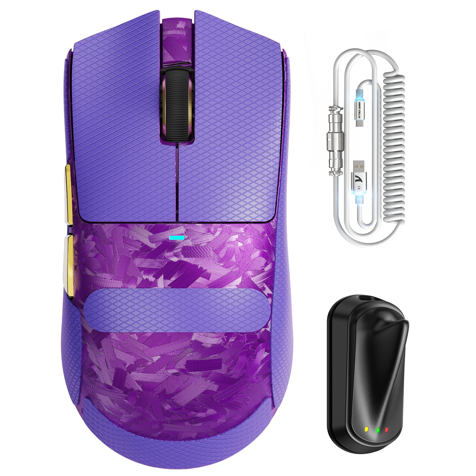 ATTACK SHARK X11 Ultra Ratón Gaming Inalámbrico con Cable C06 Ultra LED, Fibra de Carbono, MCU 54L15, PAW3950MAX, 8000Hz, BT/2.4G Inalámbrico/con Cable, 42000 dpi (Morado + Cinta de Agarre)