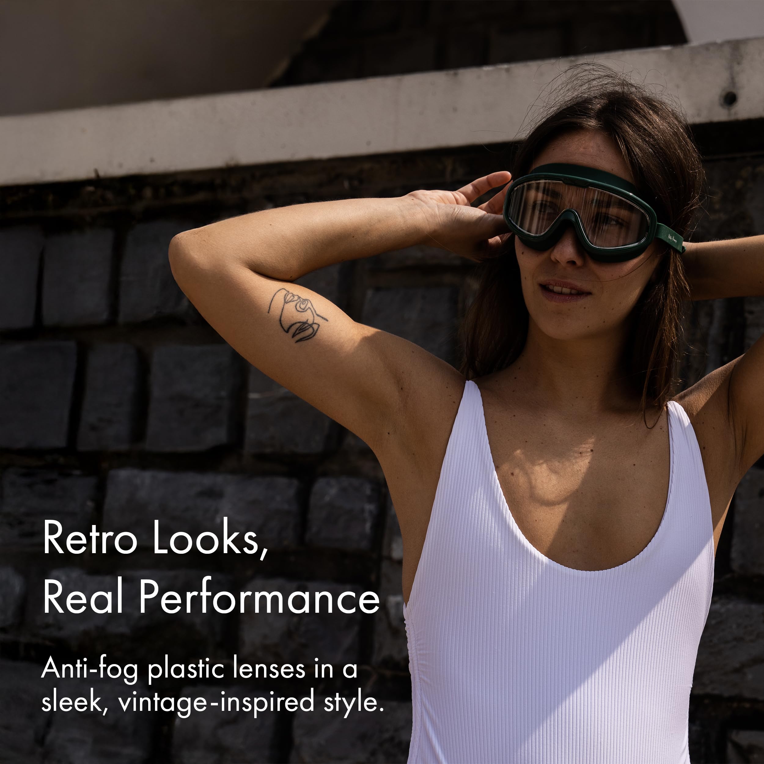 Petites Pommes Gafas de natación para adultos a partir de 14 años, silicona ligera, lente ancha antivaho, hebilla segura para el cabello, bolsa de algodón