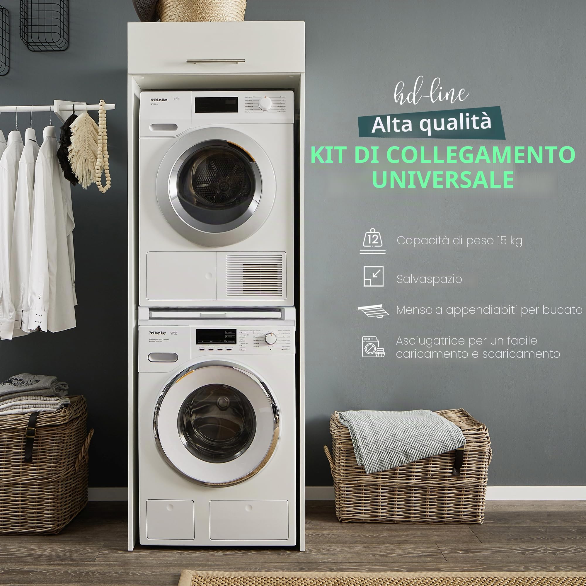 Hd-Line - Struttura universale di montaggio intermedio - Sistema di sospensione - Per lavatrici e asciugatrici, con ripiano estraibile, anti-vibrazione e anti-ribaltamento Dimensioni (60x54x10 cm