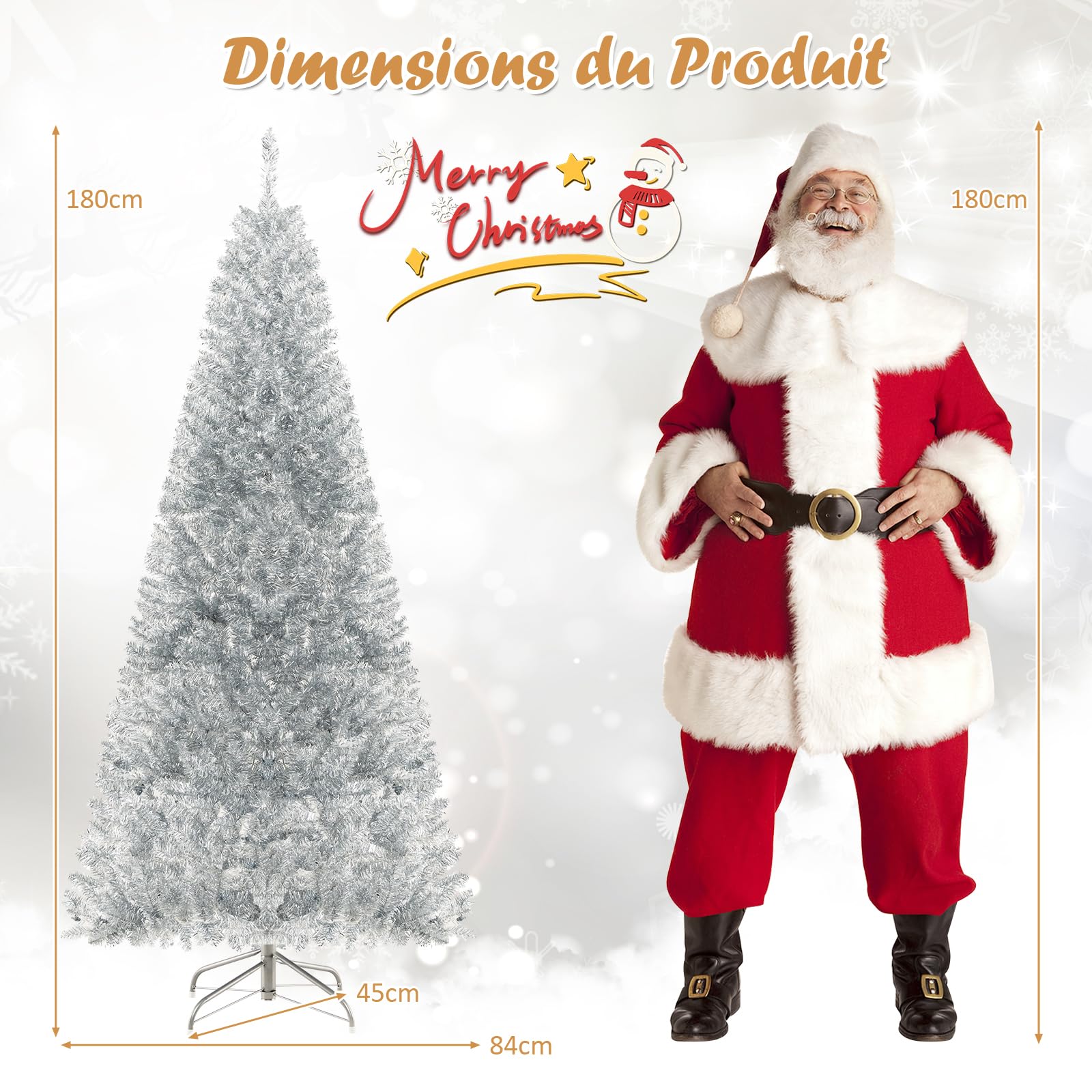 COSTWAY Sapin de Noël Artificiel Argenté Pré-éclairé de 180 cm, 790 Pointes de Branches, 300 Lumières LED Blanc Chaud, Support en Métal Pliable, Charnière, pour Bureau, Maison