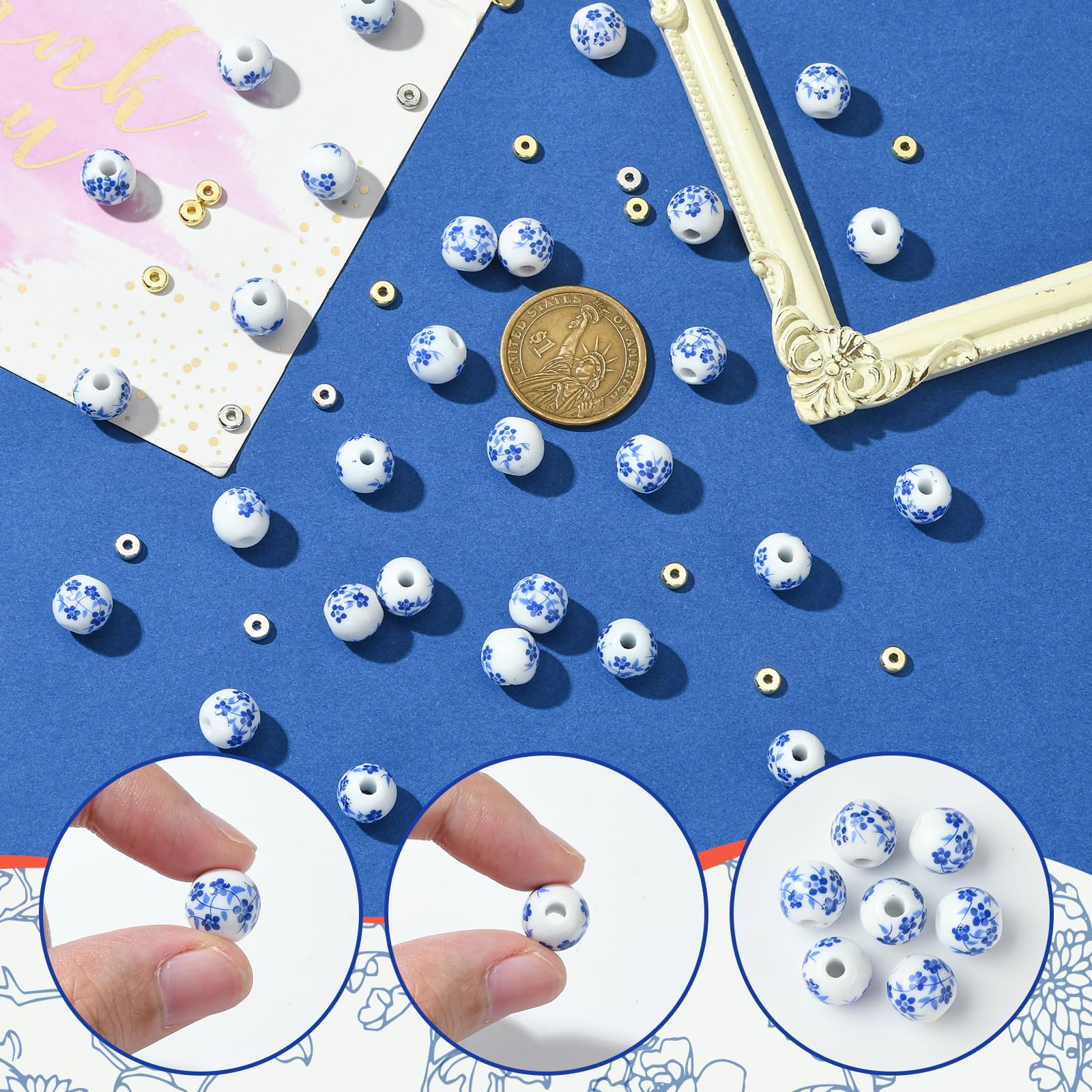 140 perline rotonde in ceramica per la creazione di gioielli con fiore blu stampato perline distanziali kit per braccialetti collane e forniture fai da te
