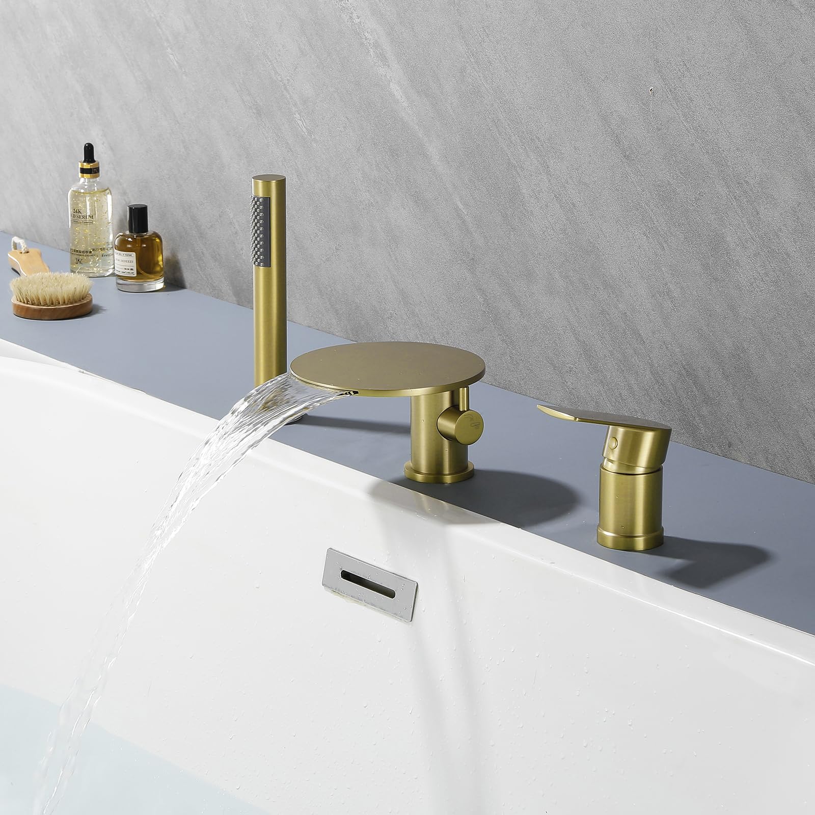 SnamicE Deck Mounted Bath Mixer Tap Matt Black Round Waterfall Bath Shower Mixer Tap Single Lever Bathtub Taps,Brushed Gold