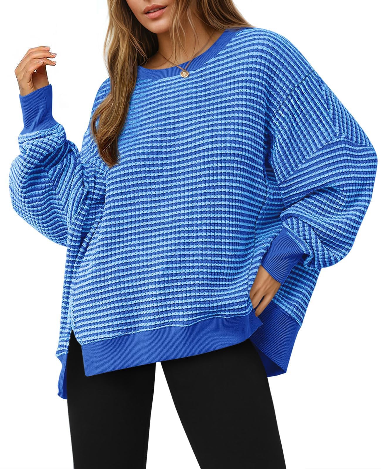 Womens Waffle Knit Sweatshirt Oversized Crewneck with Split Hem Contrast Stripes Fall Casual Pullover Top