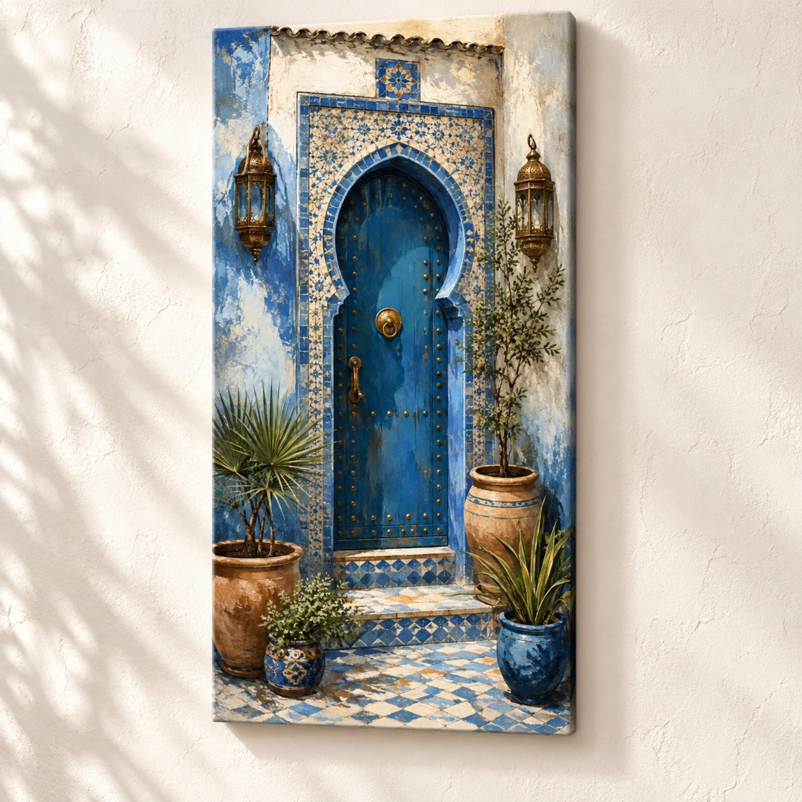 DHFGHFJ Cuadro en Lienzo Boho con Arco Azul Marroquí y Plantas Vertical