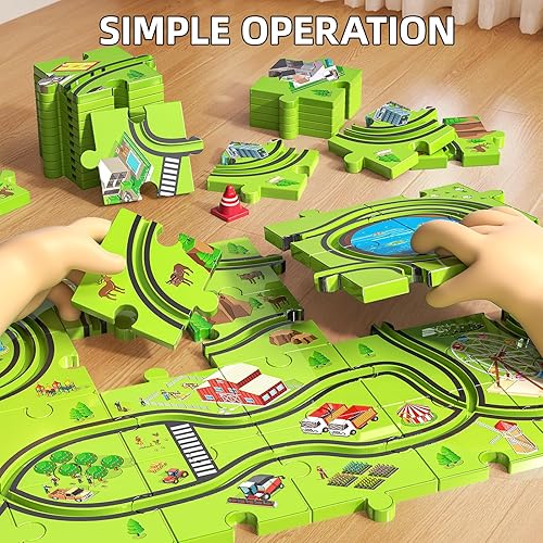 Miniatura 7 de Juego de 64 piezas de coches de carreras de rompecabezas para niños de 3, 4, 5, 6 años, pistas de rompecabezas para niños de 3 a 5 años con 3 autos