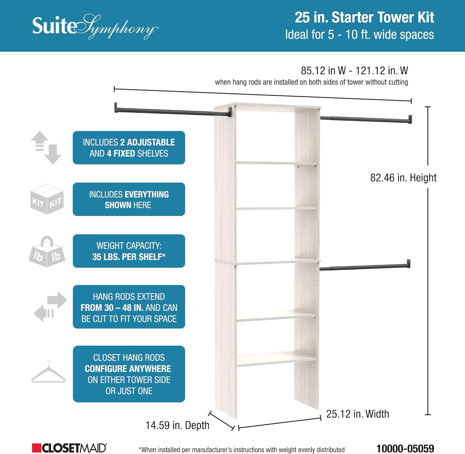 Diagram showing dimensions and features of the ClosetMaid SuiteSymphony 25-Inch Starter Kit