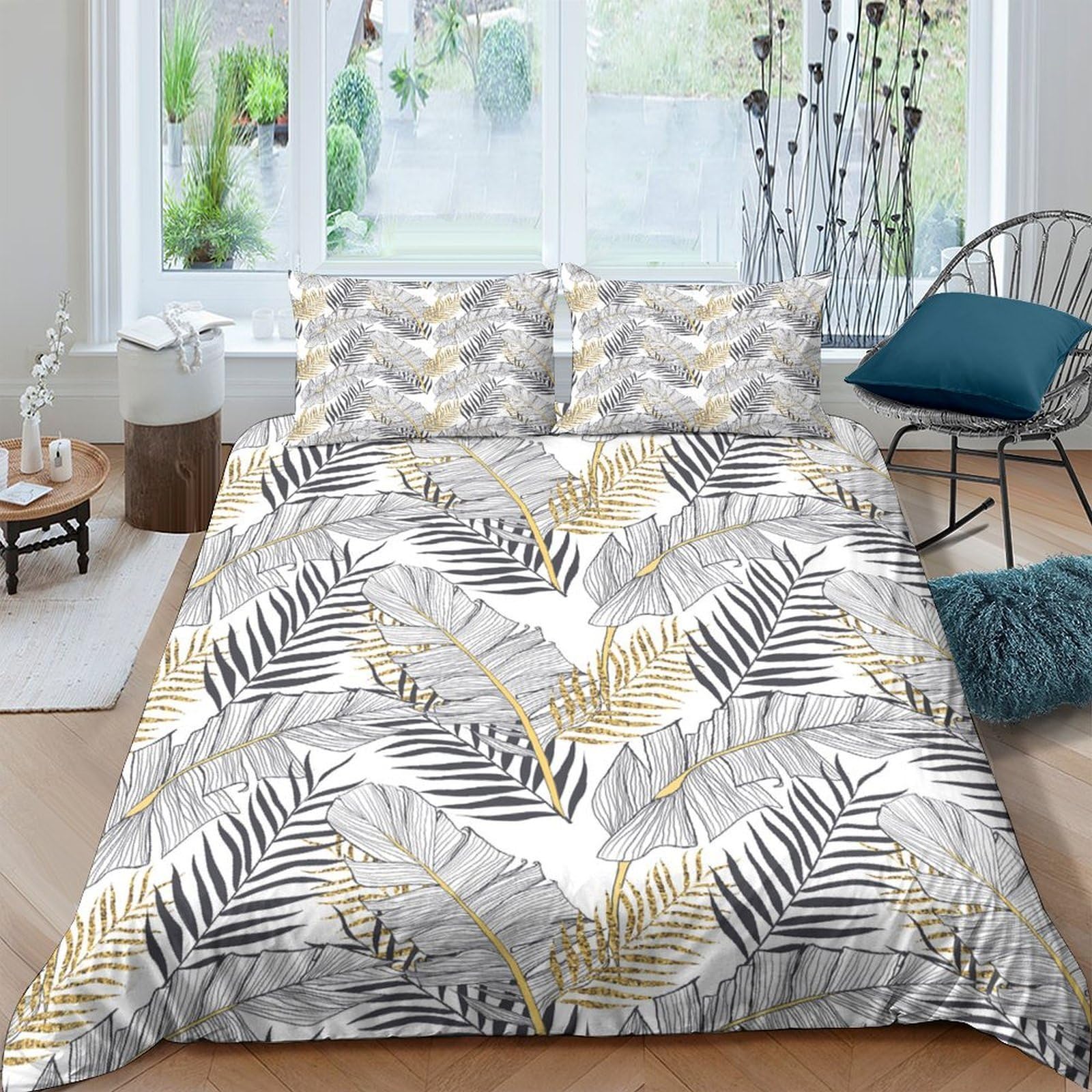 Ctjqhvkz Style-10 3D Printed Gold Leaf Fitted Sheet Microfiber Grey Botanical Mattress Cover Anti-Slip Machine Washable For Bedroom Decor Single（135X200cm）