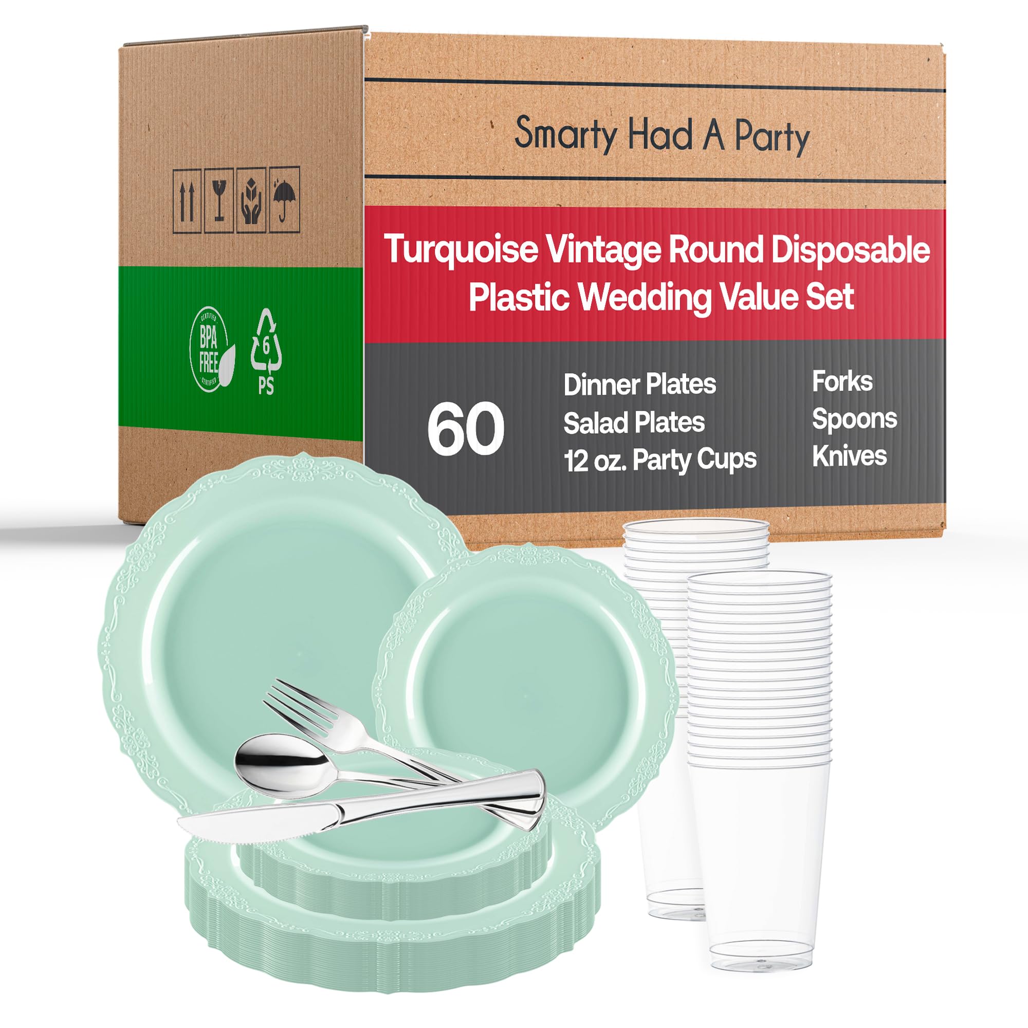 Smarty Had A Party 360 Piece Turquoise Plastic Dinnerware Set for 60 Guests, Includes Plastic Plates, Silverware Set, Clear Cups, Disposable Plates,