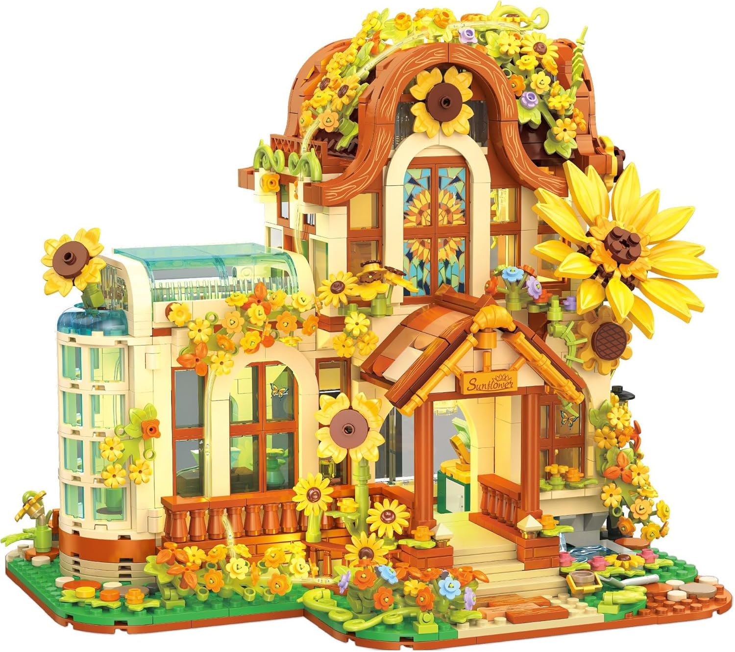 Sunflower House Building Set with LED Light, Flower Shop House Blocks Toy, Folwer Greenhouse Model Building Kit, Compatible with Lego House Sets, House Building Blocks for Adults Kids 14+(1583PCS)
