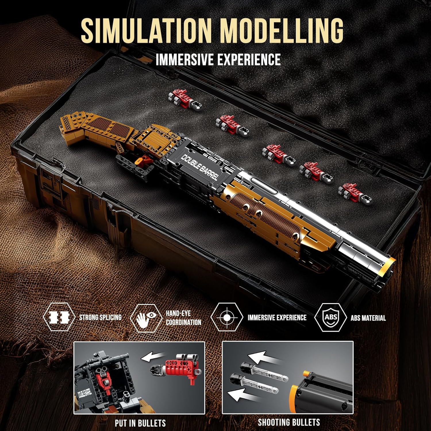 Reobrix Building Block Gun Model Set for Adults, Double Barreled Shotgun Model 77028, Simulation Military Block Gun for Display, Collectible Gift for Military Enthusiasts 14+
