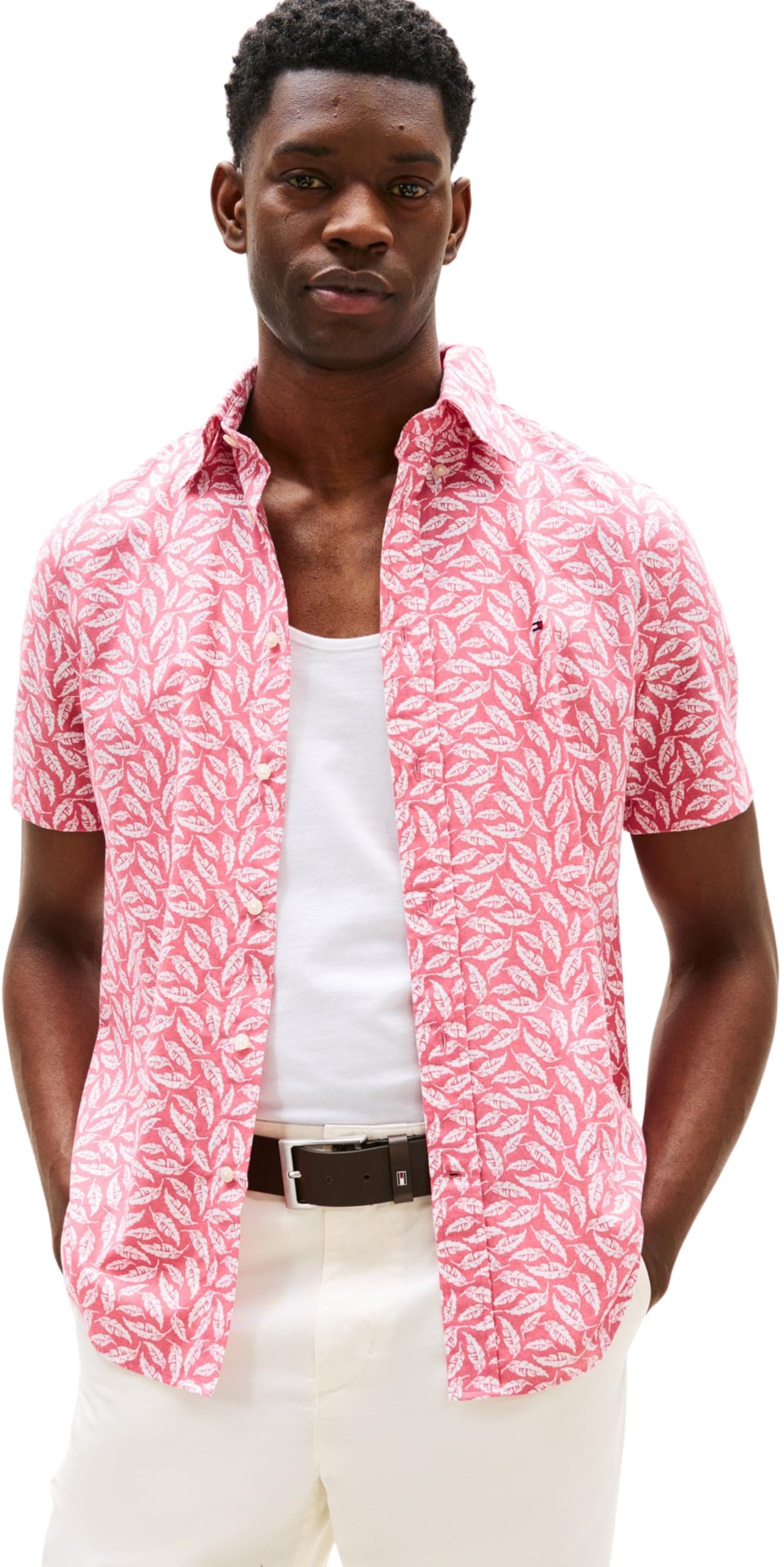 Tommy Hilfiger Men’s Short Sleeve Linen Blend Print Shirt, Multicolor (Vintage Rosy/Allover), XXL
