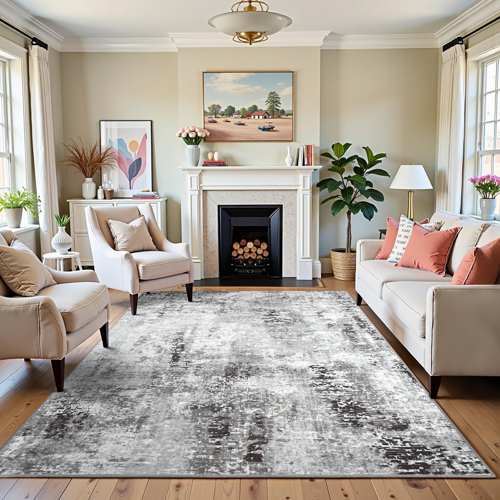 Amazon.com: Washable Abstract Area Rug, 5x7 Black/Grey Modern Living Room Rug, Non-Slip Non ...