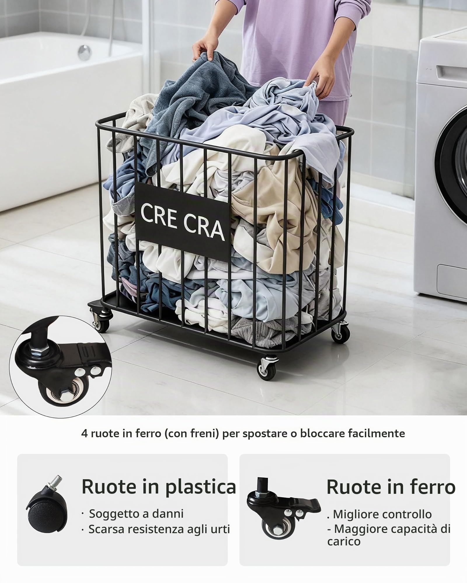 (confezione da 2) Cesto Portabiancheria con Ruote, Cesto Biancheria Sporca,cesto per biancheria in metallo per Lavanderia e Casa,Nero