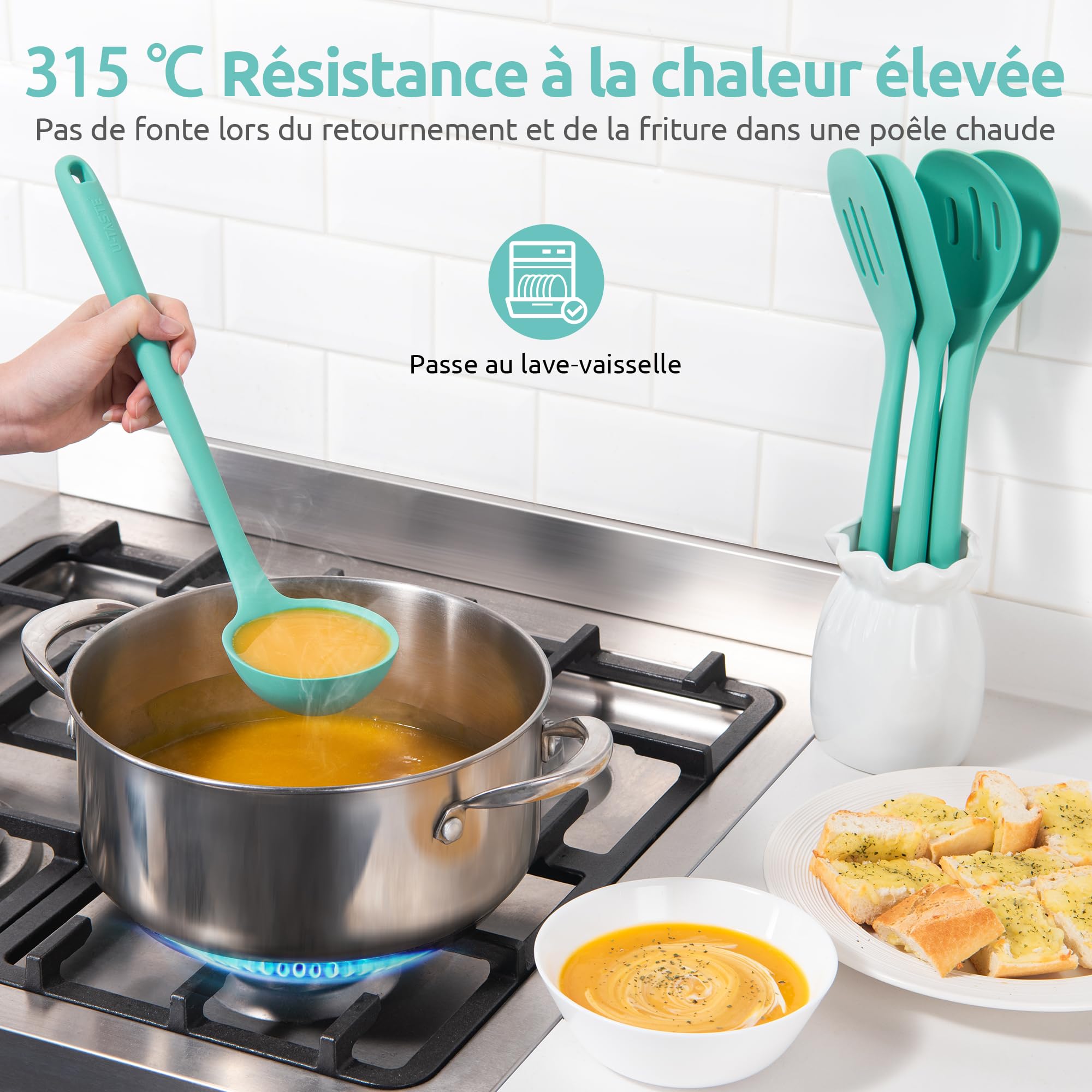 U-Taste Ustensiles de cuisine en silicone extra longs: spatules de cuisson résistantes à la chaleur de 315 ℃, cuillères de service pour mélanger friture remuer l'égouttage (5 pièces, Aqua Sky)