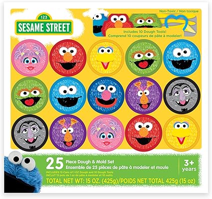 amazon com sesame street 25 piece dough and mold set includes 15 cans of 2oz sesame street dough and 10 assorted dough cutters great gift for kids toys games