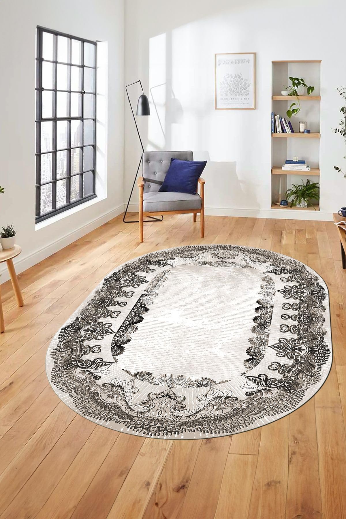 Evdeya Baskılı Kaymaz Yıkanabilir Renkli Klasik Desen Oval Yolluk Salon Halısı O-KLASİK-08, Vizon, 40 x 60