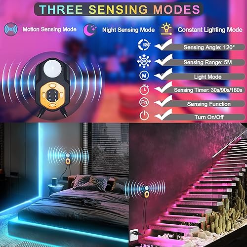 Miniatura 5 de Luces con sensor de movimiento para debajo de la cama, 2 juegos de tiras LED RGB de 9.84 pies con control de sensor, control remoto y aplicación, 3