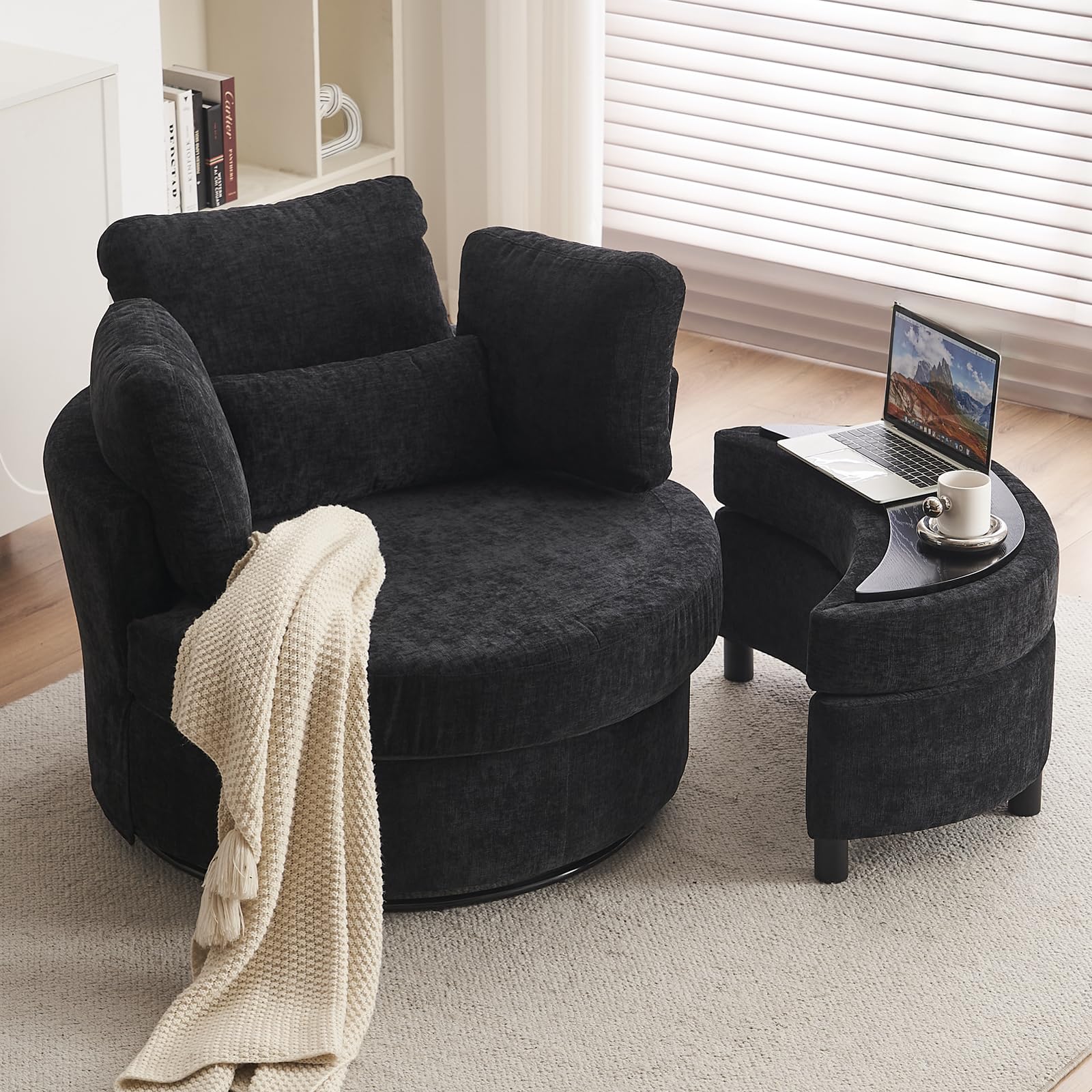 Swivel Cuddle Sofa Chair With Footstool Set, Chenille Single Tub Chair With Four Pillow, Snuggle Barrel Chair With Thick Cushion For Adults, Accent Round Armchairs For Living Room, Black