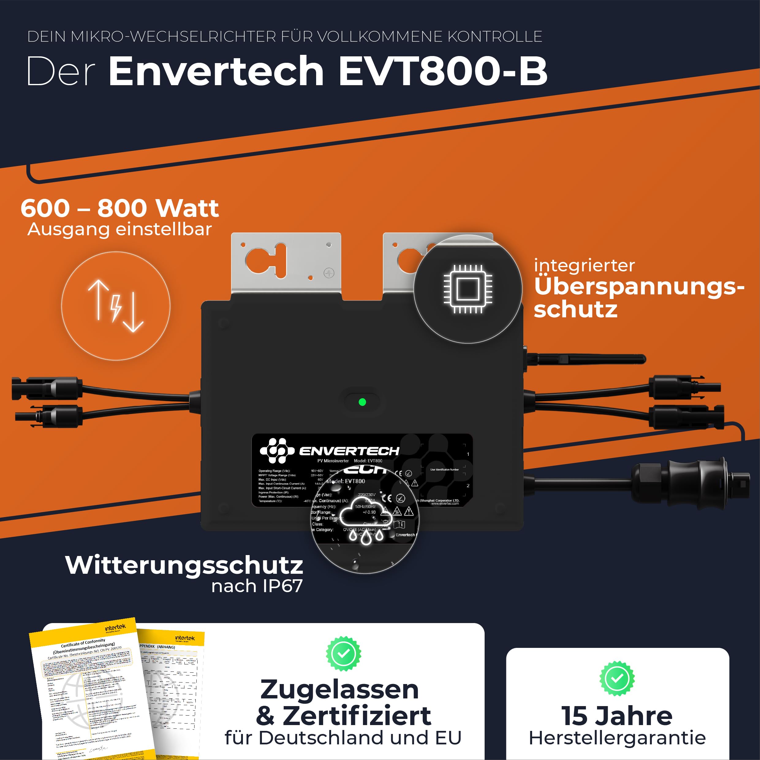 Solarway Envertech EVT - Set microinverter EVT – Grado di protezione IP67 per pannelli solari, compatibile con Betteri BC01 connettore di rete (EVT800-B)