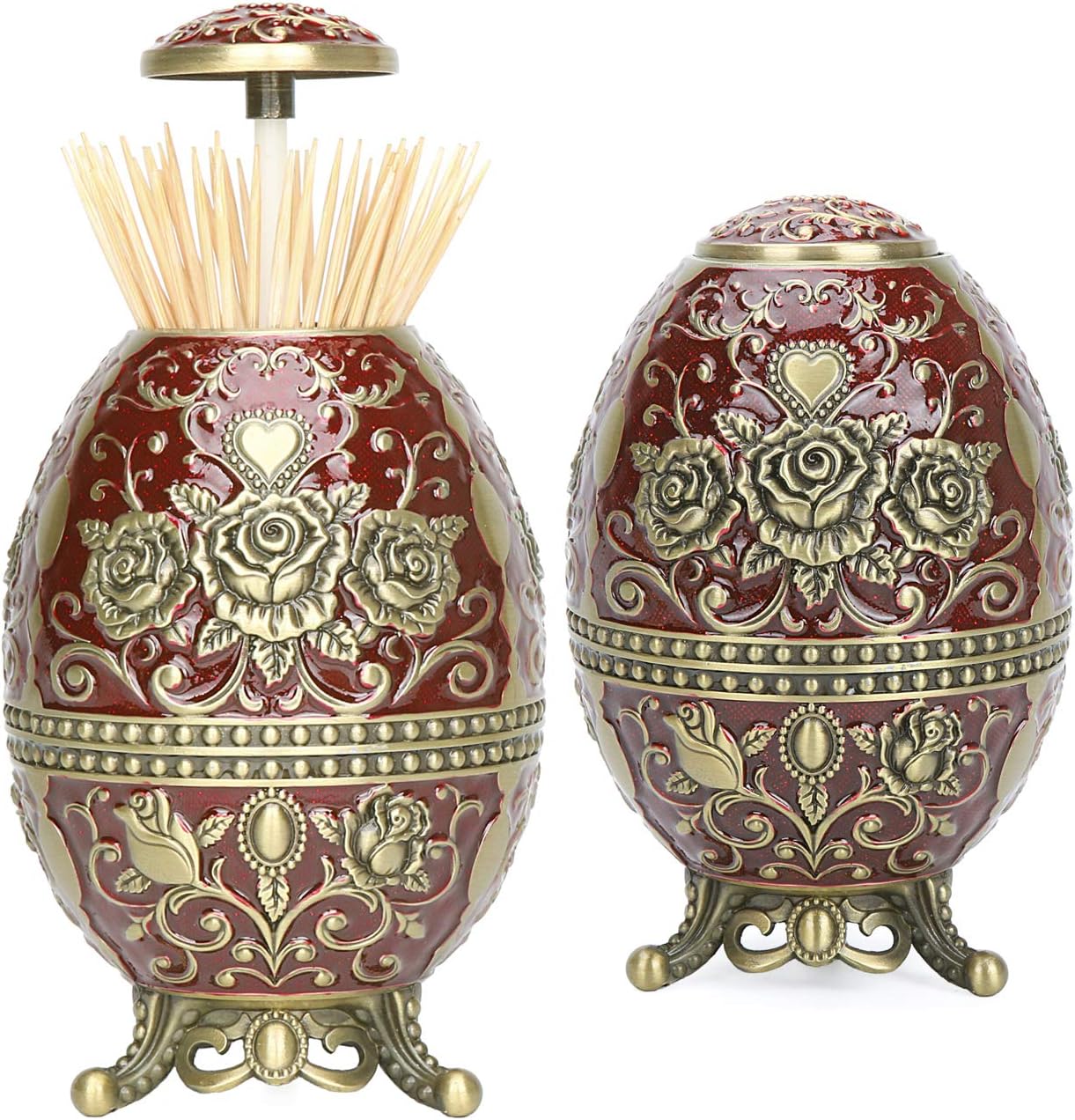 K COOL Gorgeous Automatic Toothpick Holder with Bottle Opener, Hand Press Retractable Retro Toothpick Dispenser Toothpicks Case Can Box Container for Kitchen Home Restaurant (Dark Red-Bronze Rose)