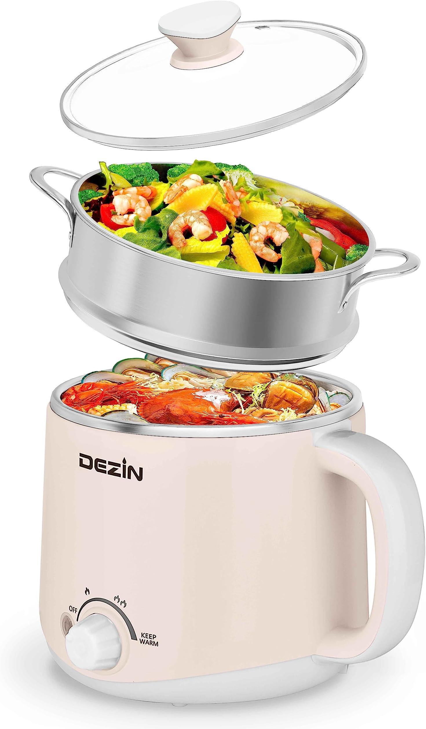 Dezin Hot Pot Electric with Steamer, Rapid Noodles Cooker, Stainless Steel Electric Pot 1.6 Liter, Perfect for Ramen, Egg, Dumpling, Soup, Oatmeal with Temperature Control and Keep Warm Function