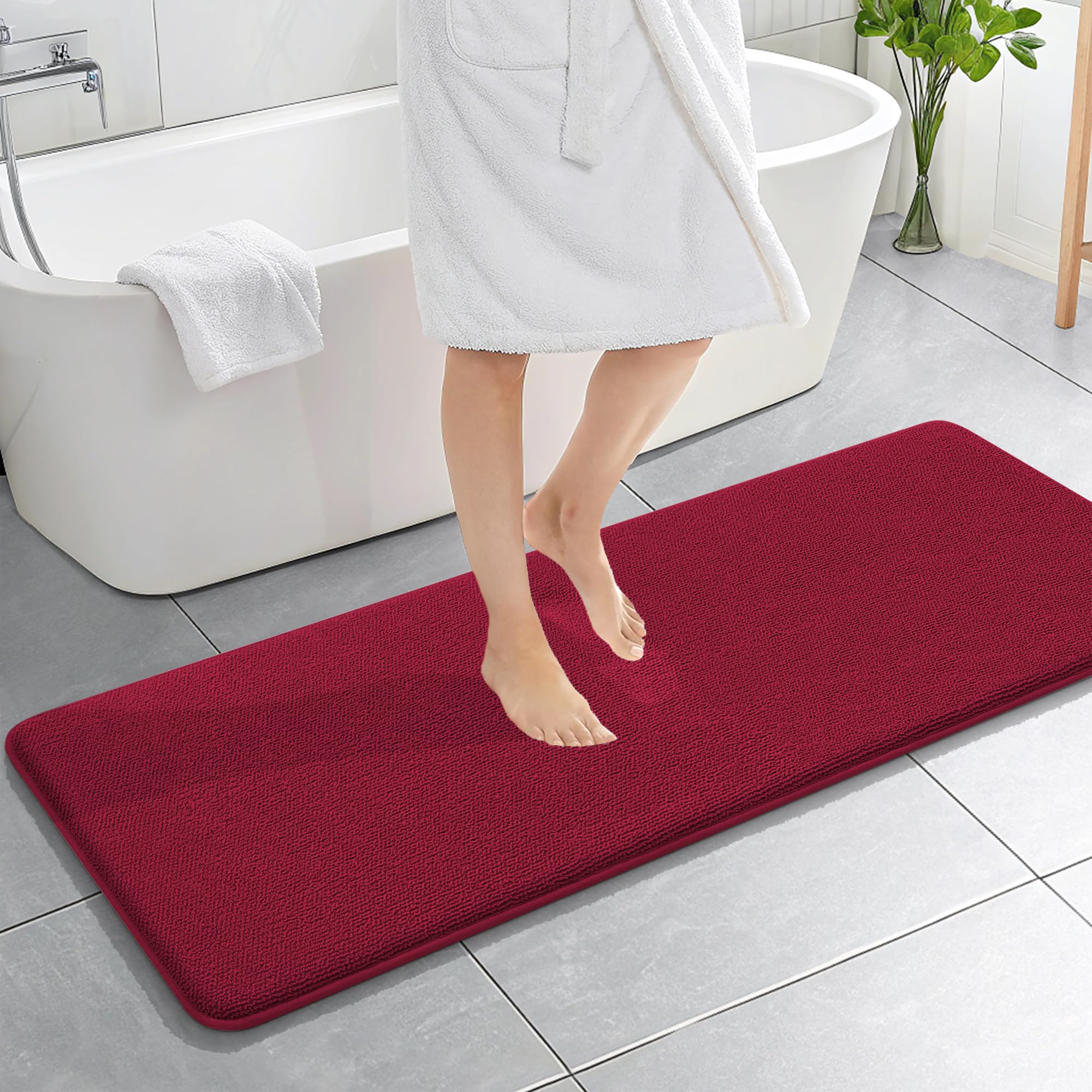 OLANLY Memory Foam Bathroom Runner Rugs 59x20, Absorbent Long Mat, Burgundy