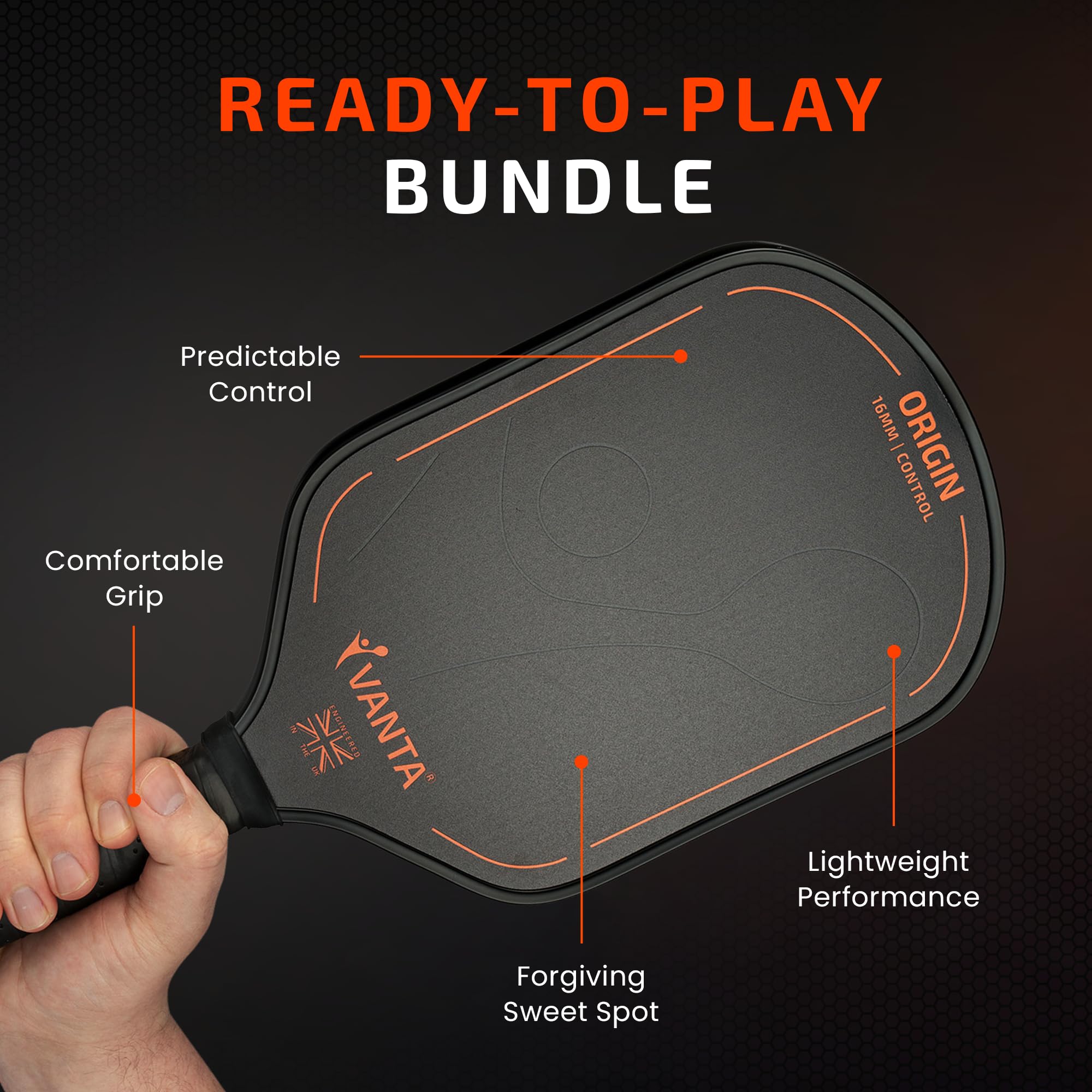 VANTA ORIGIN | Set di pagaie per pickleball per principianti | 2 pagaie, 4 palline e custodia | Due pagaie da 16 mm, 4 palline da interno e custodia per il trasporto in un set completo per principianti, coppie e famiglie.