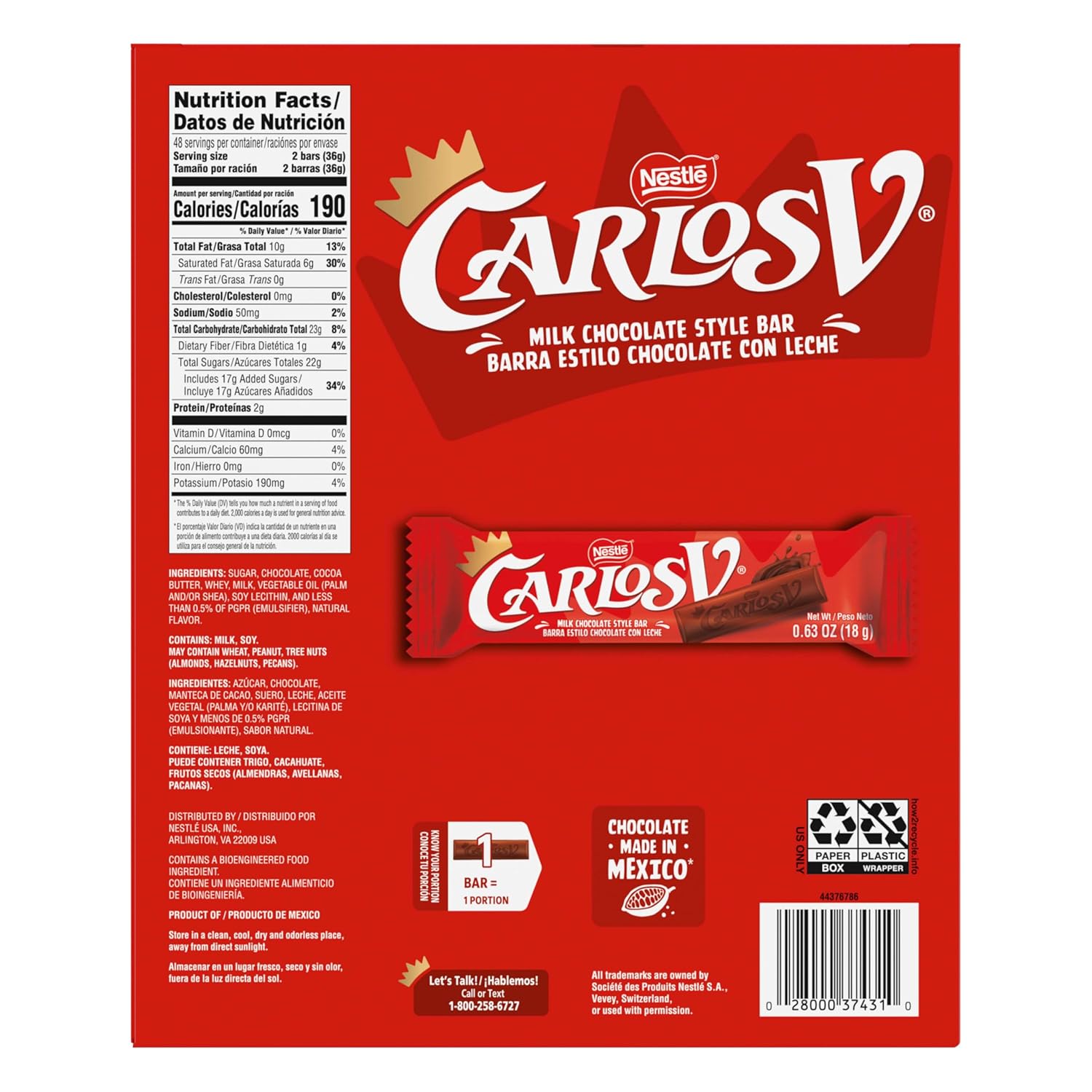 Carlos V Milk Chocolate Bars, 0.75-Ounce Bars (Pack of 96)