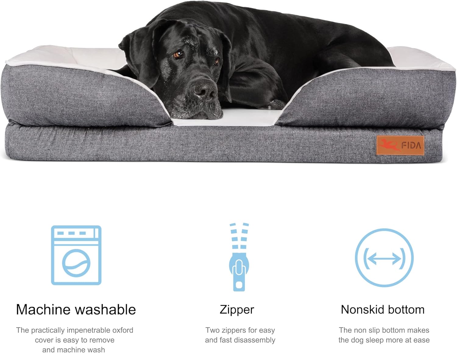 Fida Orthopedic Dog Bed with Memory Foam Base - Dog Lounge Sofa with Removable Washable Cover, Pets Couch Beds for Small/Medium/Large Dogs & Cats (XL-44"x34", Black)