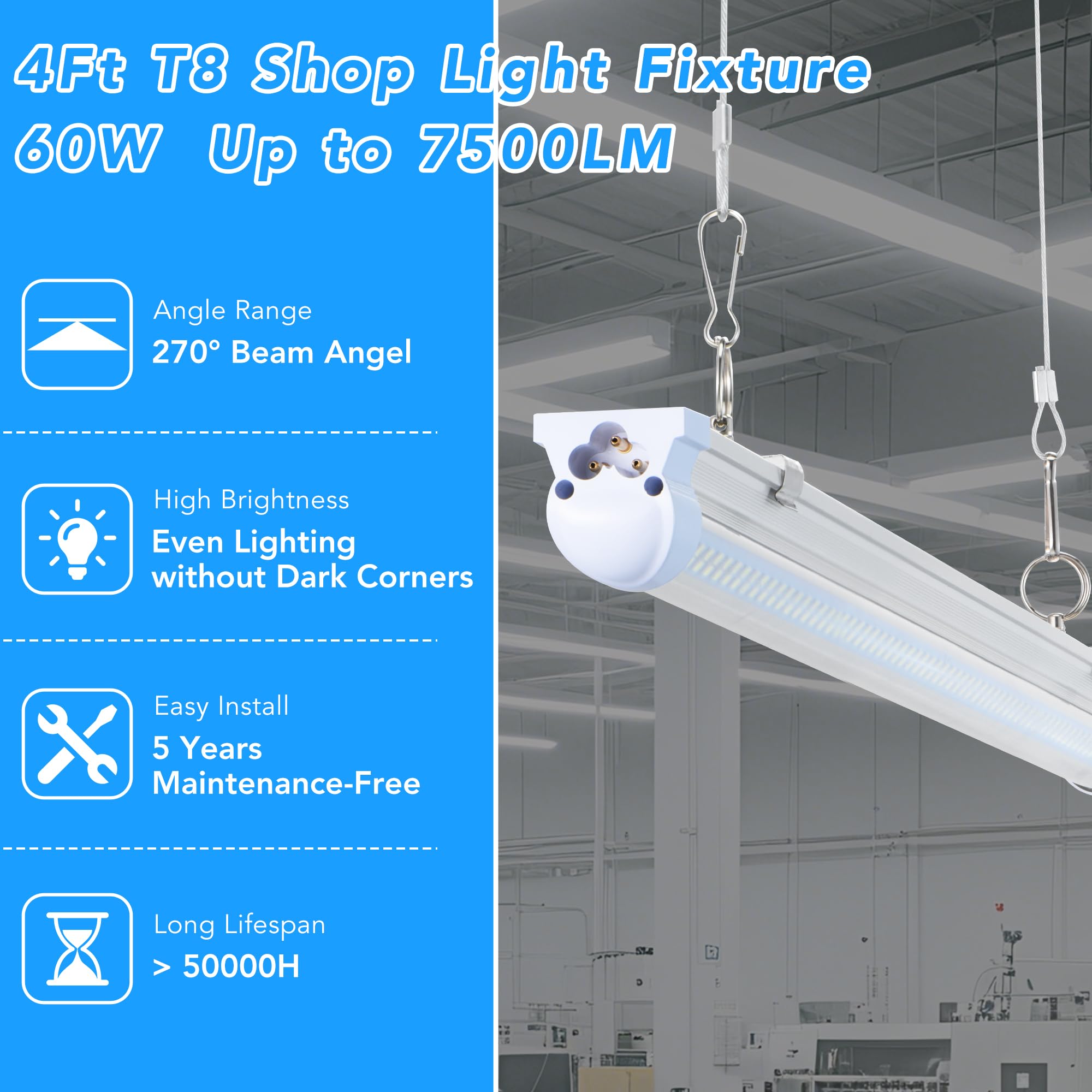 T8 LED Shop Lights 4FT 4 Pack 60W 9600LM 6000K Daylight White Linkable Lighting Plug Play Energy-Saving Work — view 2
