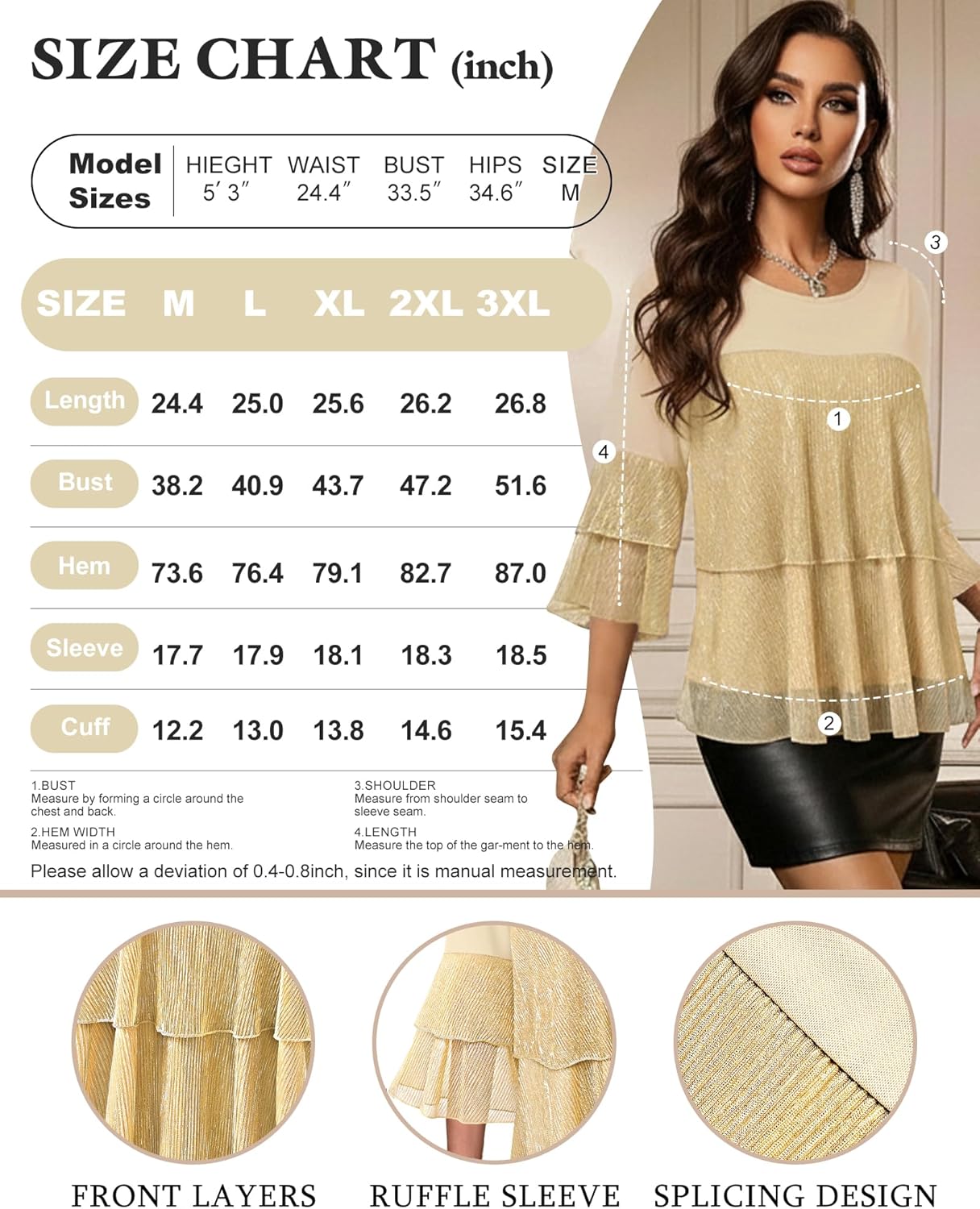 Bebonnie Womens Dressy Sparkly Peplum Tops 3/4 Sleeve Ruffles Elegant Evening Flowy Blouses
