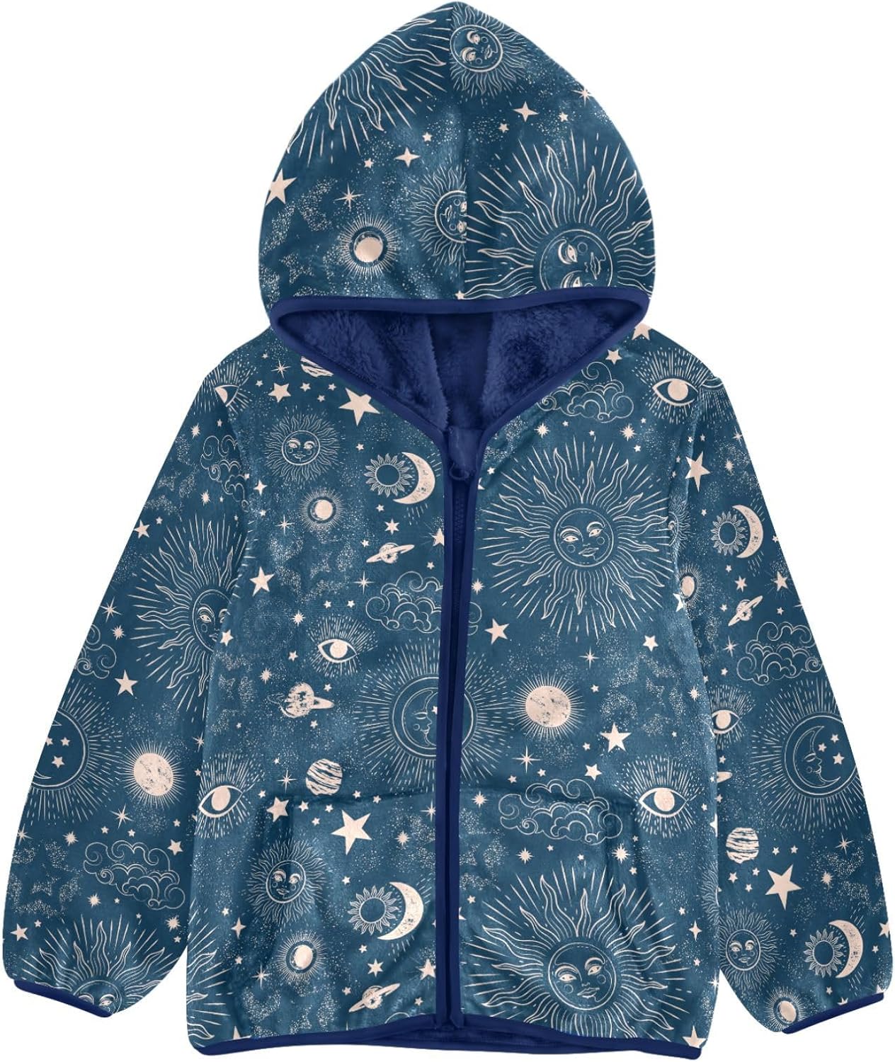 Sun Moon Cosmos Astrology Boys Fleece Hoody Jacket Zip Up Coat Warm Fall Winter Plush Jacket Long Sleeve Outerwear