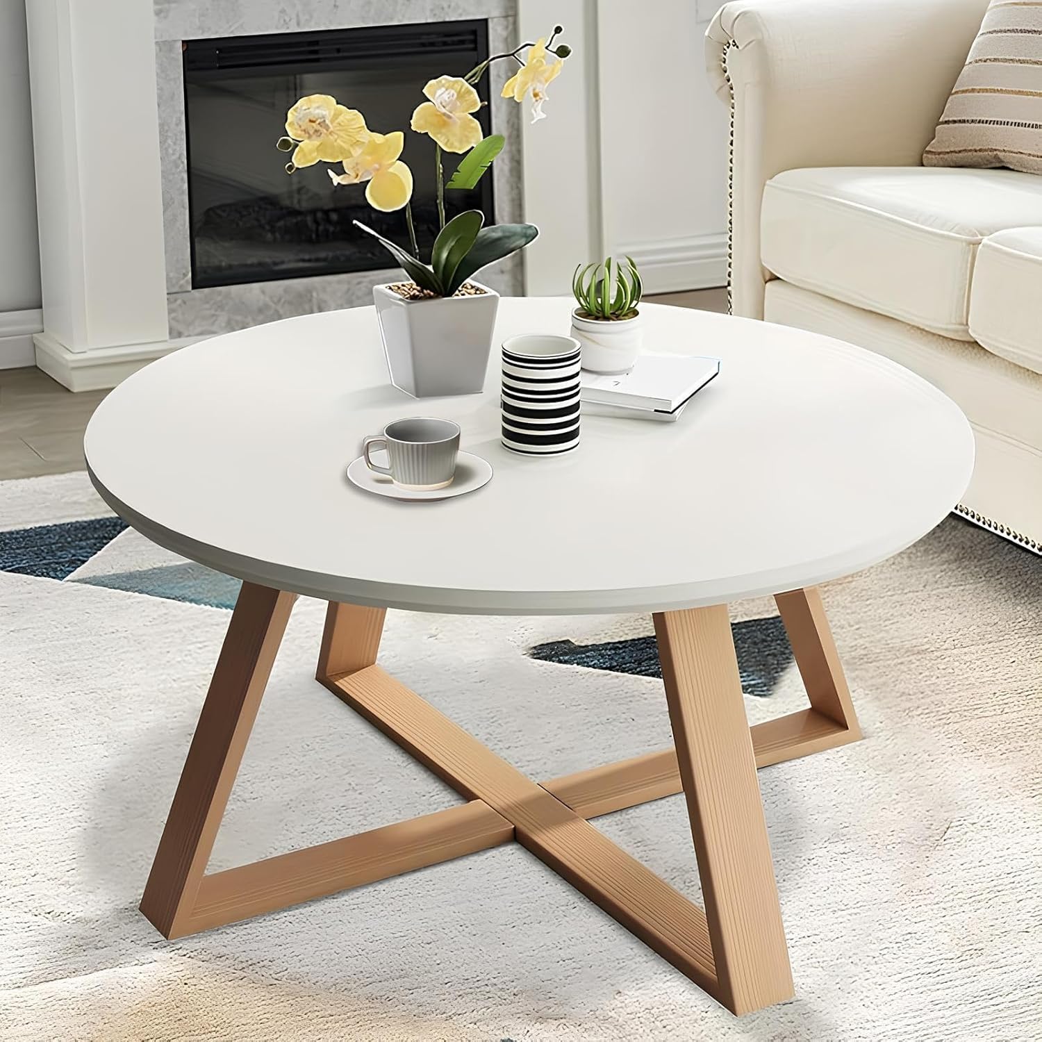 Round Coffee for Living Room Rustic Wooden Farmhouse Circle Coffee Table for Apartment