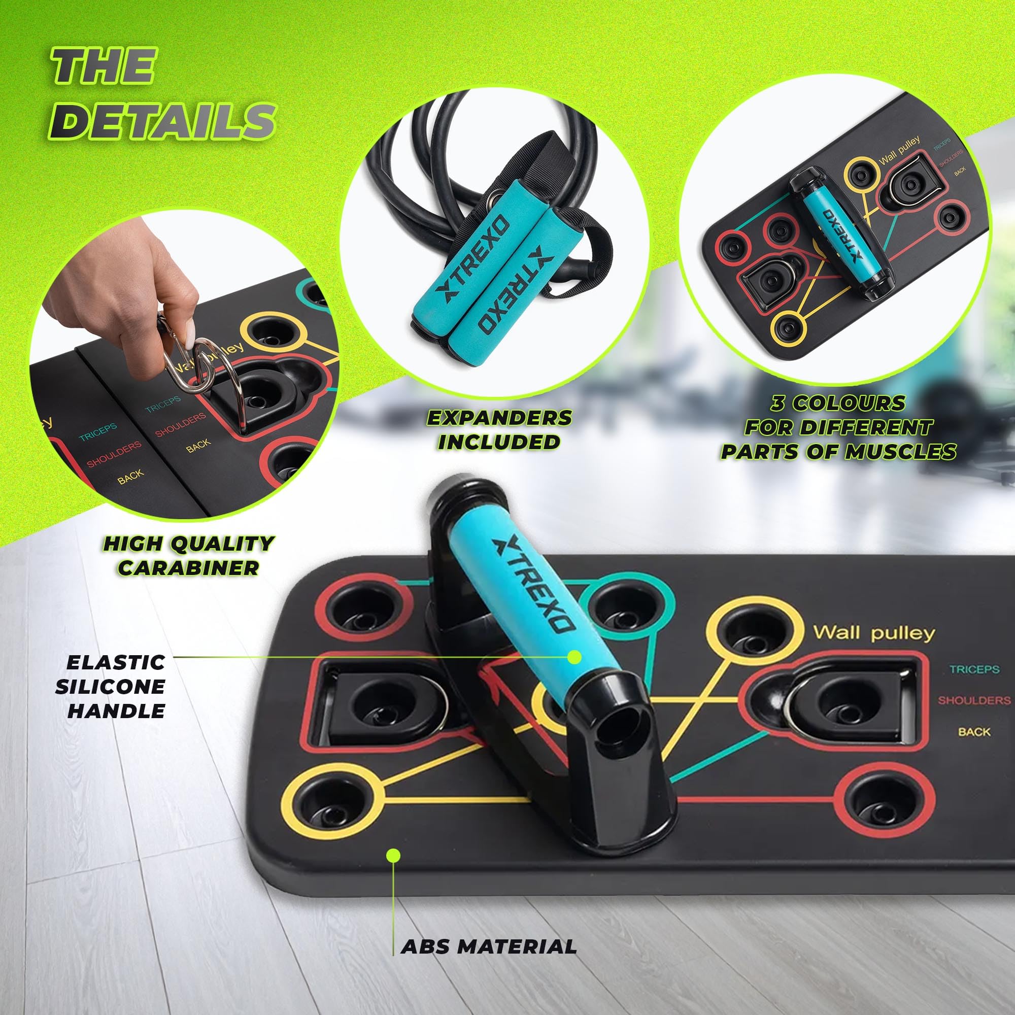 XTREXO Wielofunkcyjna deska do pompek w kolorze czarnym, z kodami kolorystycznymi, urządzenie do fitnessu z tworzywa ABS i TP Comapect, 66 x 20 x 2 cm, uniwersalny trening siłowy, antypoślizgowe