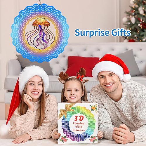 Miniatura 6 de Hilanderos de viento de medusa, 12 pulgadas, de acero inoxidable 3D, escultura cinética, azul, vida marina, decoración de jardín