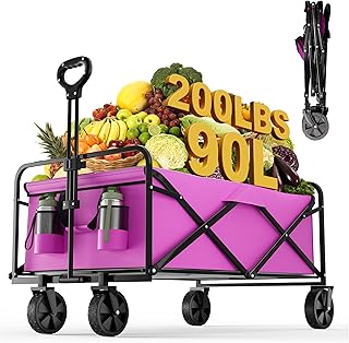 Collapsible Foldable Wagon, Beach Wagon Cart Heavy Duty with Wheels Foldable, Utility Folding Grocery Wagon for Camping Sports Outdoor Activities, Shopping(Pink)