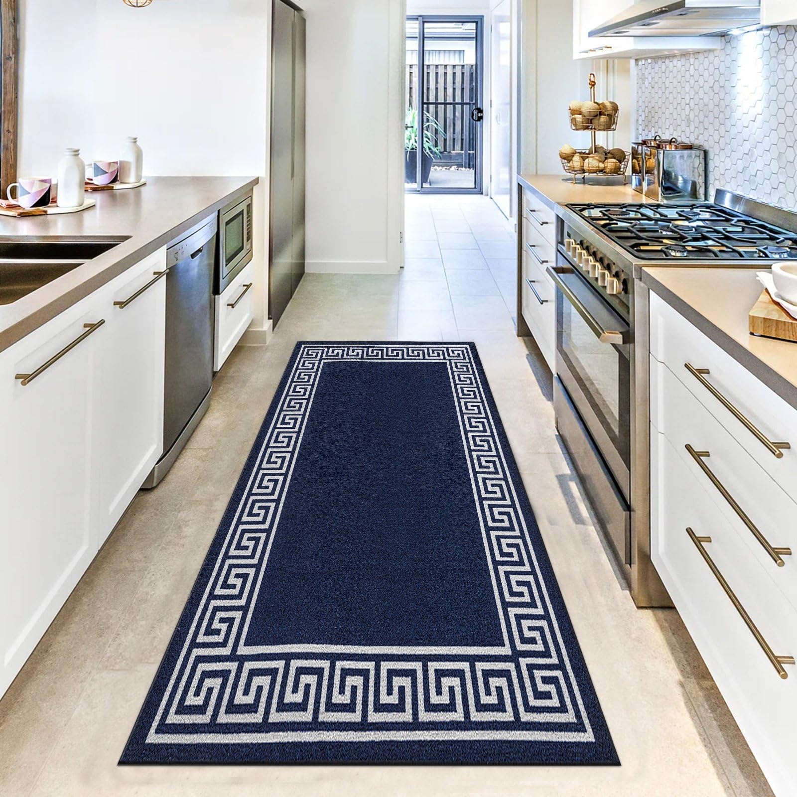 renoazul® Hallway Runner Rug - Non Slip Carpet Runner for Kitchen, Hall and Entrance - Washable Anti Fatigue Mat 66 x 220 cm - Greeky - Navy Rug
