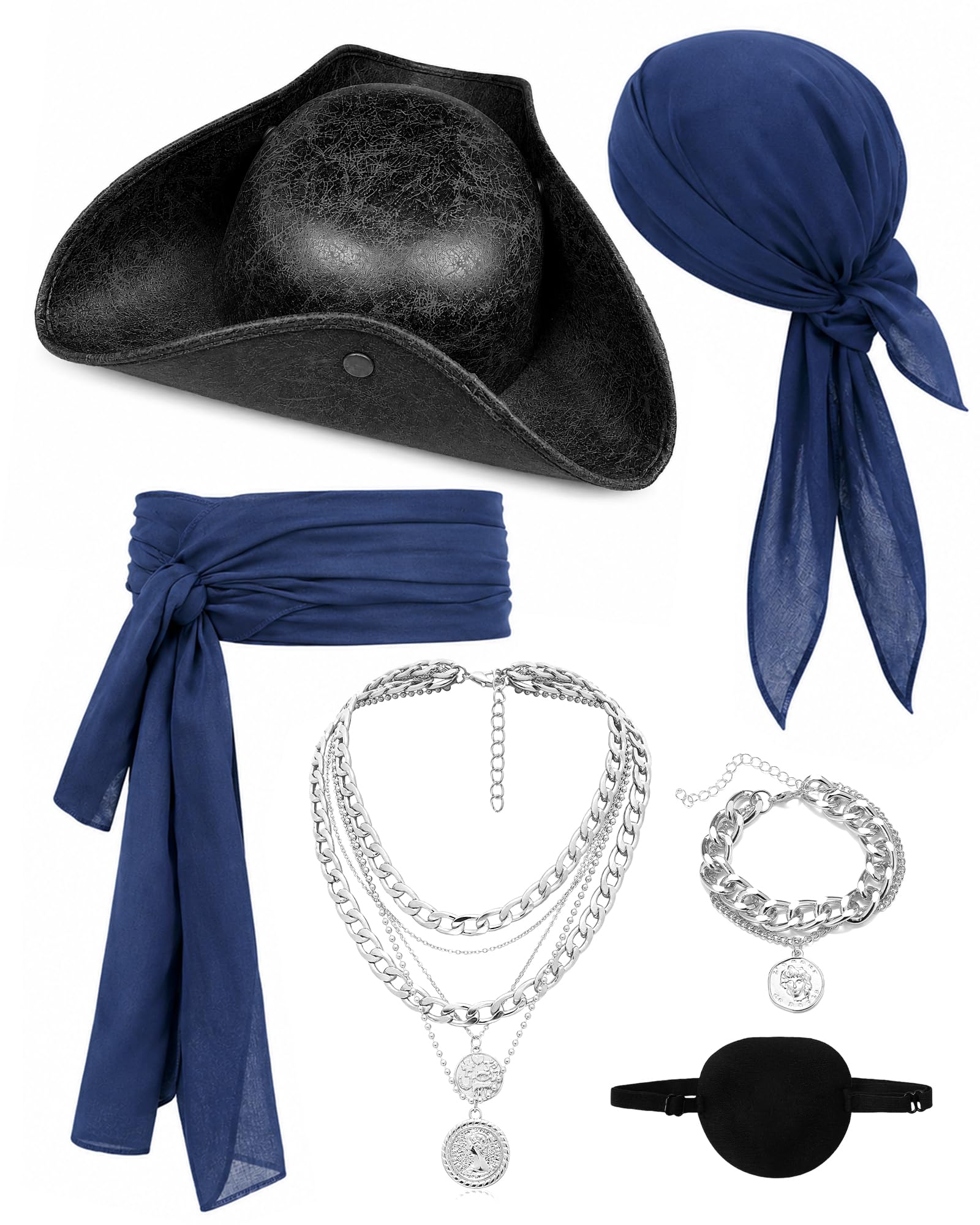 Bryndo 6 Pcs Pirate Costume Accessories Set for Women Men, Pirate Fancy Dress with Hat Bandana Head Scarf Sash Eye Patch Belt Necklace Bracelet for Cosplay Party (Royal Blue)
