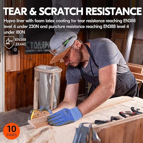 Miniatura 4 de Vgo... 10 pares de guantes ANSI A3 resistentes a cortes para protección de manos, guantes de trabajo y jardinería con revestimiento de látex (talla