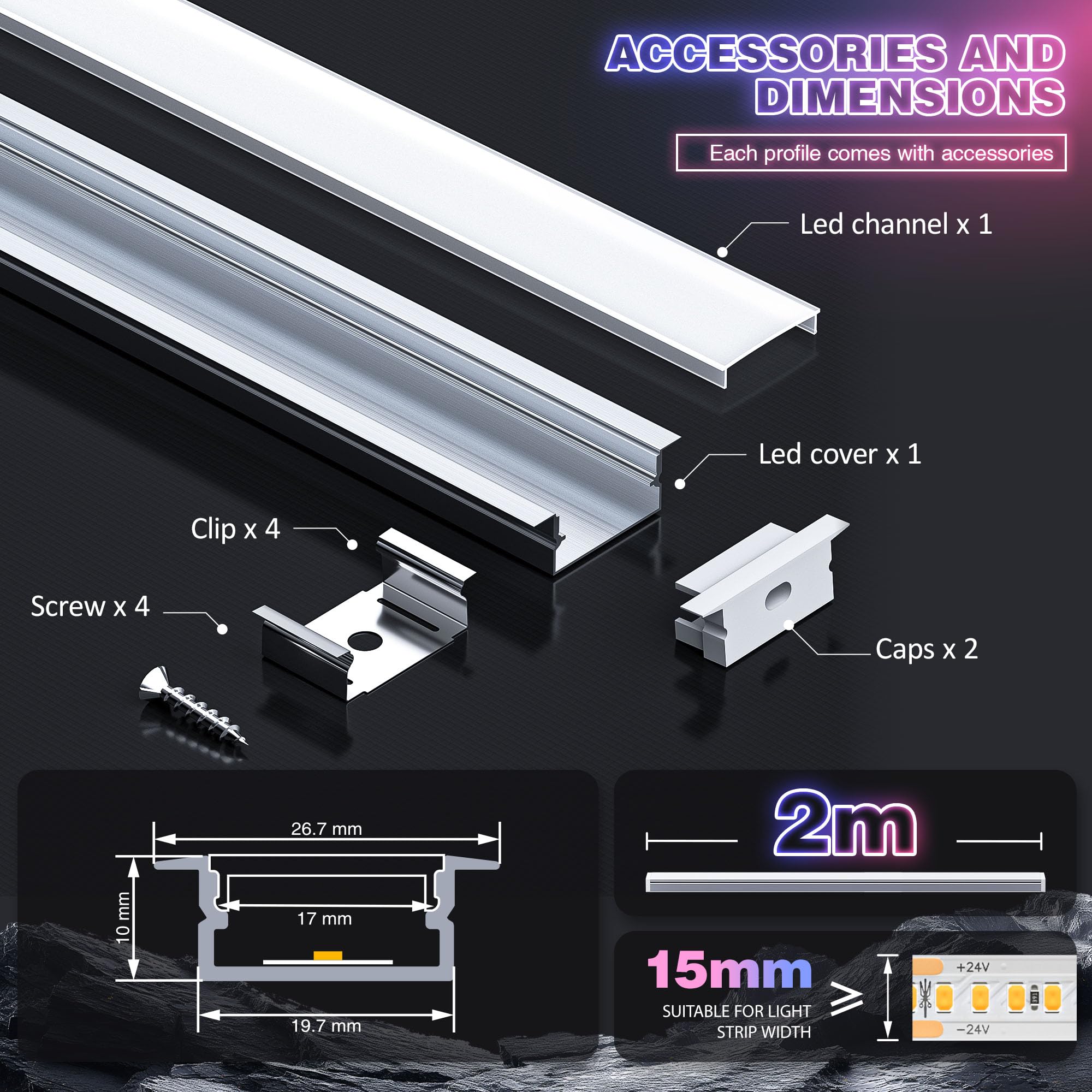 Riel LED – Perfil de aluminio 2 m x 12, perfil de aluminio para tiras de LED/tiras, canal LED, barra de aluminio, dimensiones 19,7 x 10 mm, para techo y paneles de yeso, iluminación indirecta