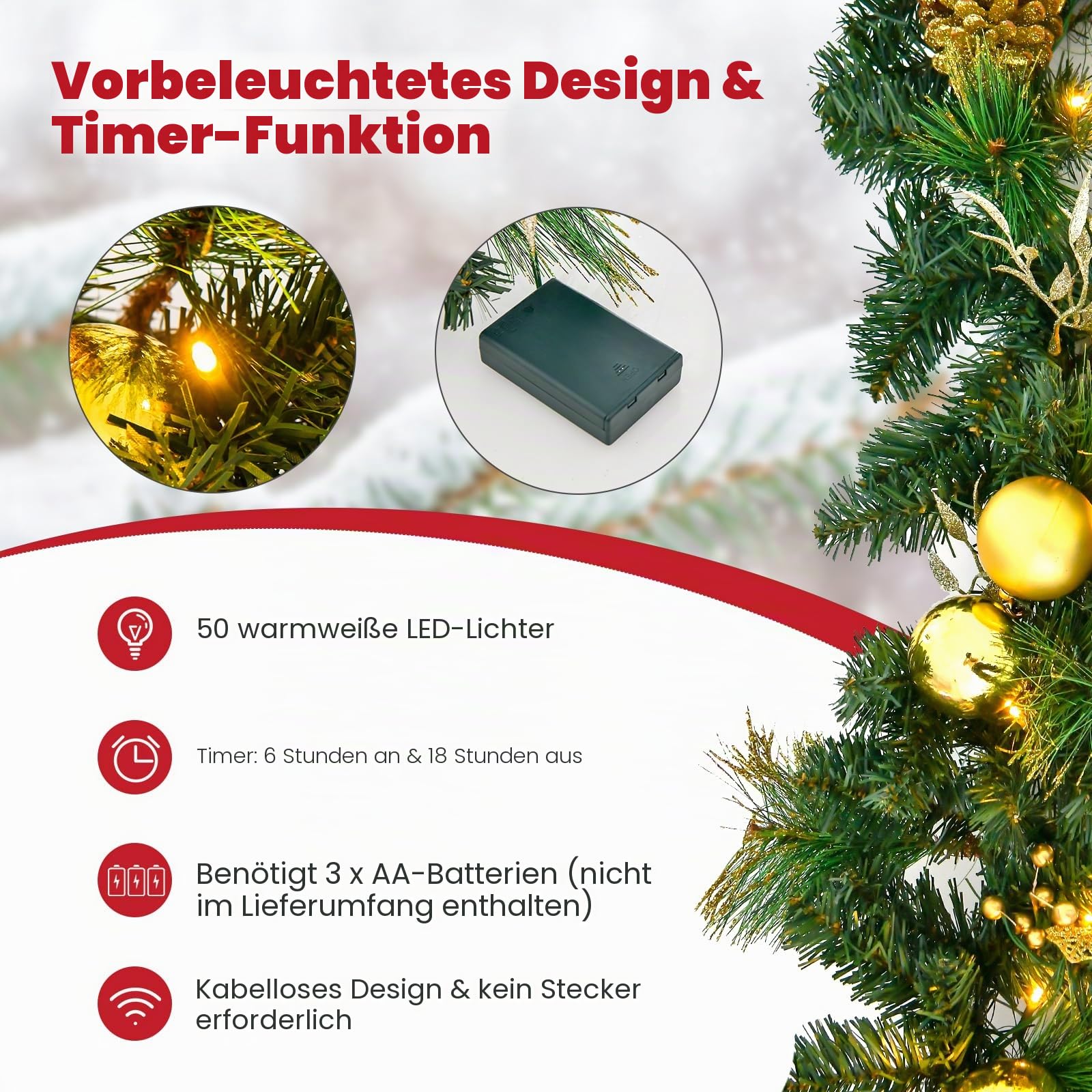 KOMFOTTEU 270 cm Weihnachtsgirlande mit 50 LEDs & Timerfunktion, künstliche Tannengirlande mit 8 goldenen Beeren und Tannenzapfen, Weihnachtsdekoration für Treppe, Kamin
