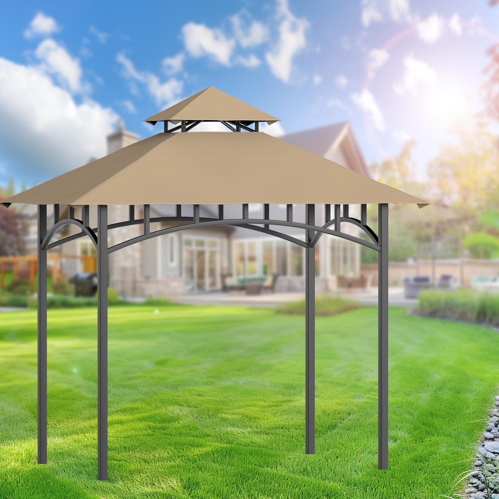 Toldo de repuesto para kiosco, 5 x 8 pies, techo de repuesto de doble nivel, cubierta de techo de barbacoa al aire libre, refugio de parrilla, color beige 6