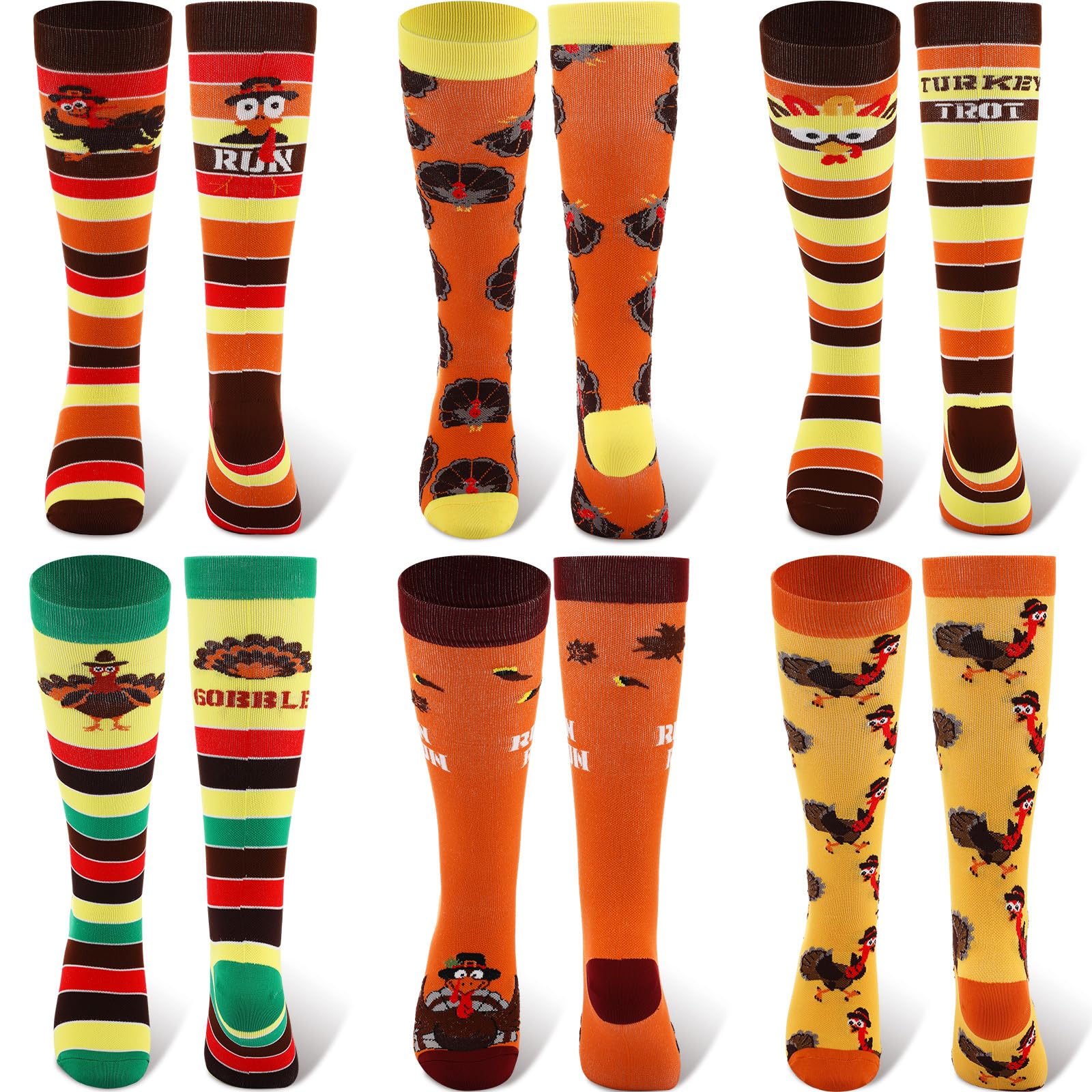 Xtinmee 12 pares de calcetines para correr de Acción de Gracias, calcetines de pavo para mujer, calcetines altos hasta la rodilla con rayas, calcetines de pavo para correr para mujeres y hombres,