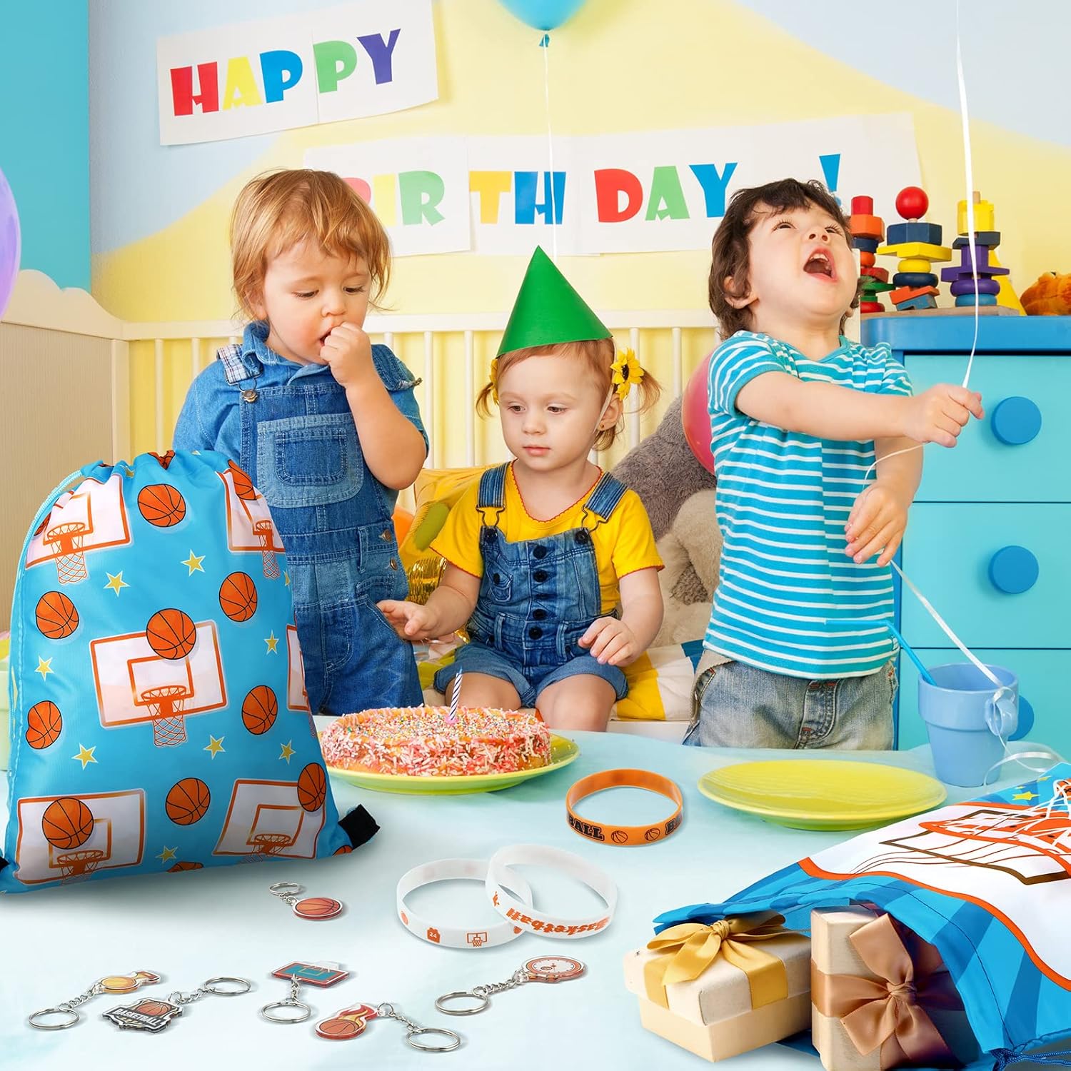 Talltalk 48 Pcs Basketball Party Favors Sets Valentines Basketball Team Gifts Toys 16 Drawstring Backpack Goodie Bags Snack Candy Bag 16 Wristband 16 Keychain for Sports Birthday Party Supplies Decor - Image 4