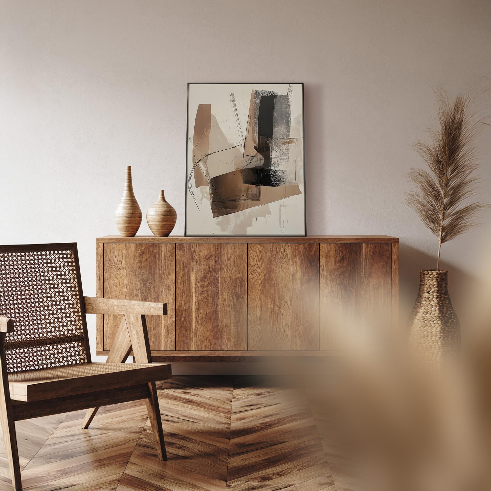 STYLER Bild Diffused 50x70 cm (AUFHÄNGFERTIG) mit elegantem Rahmen – Abstraktes Kunstwerk in Beige Braun Schwarz – Modern Minimalistisch Dekorativ Hochwertig